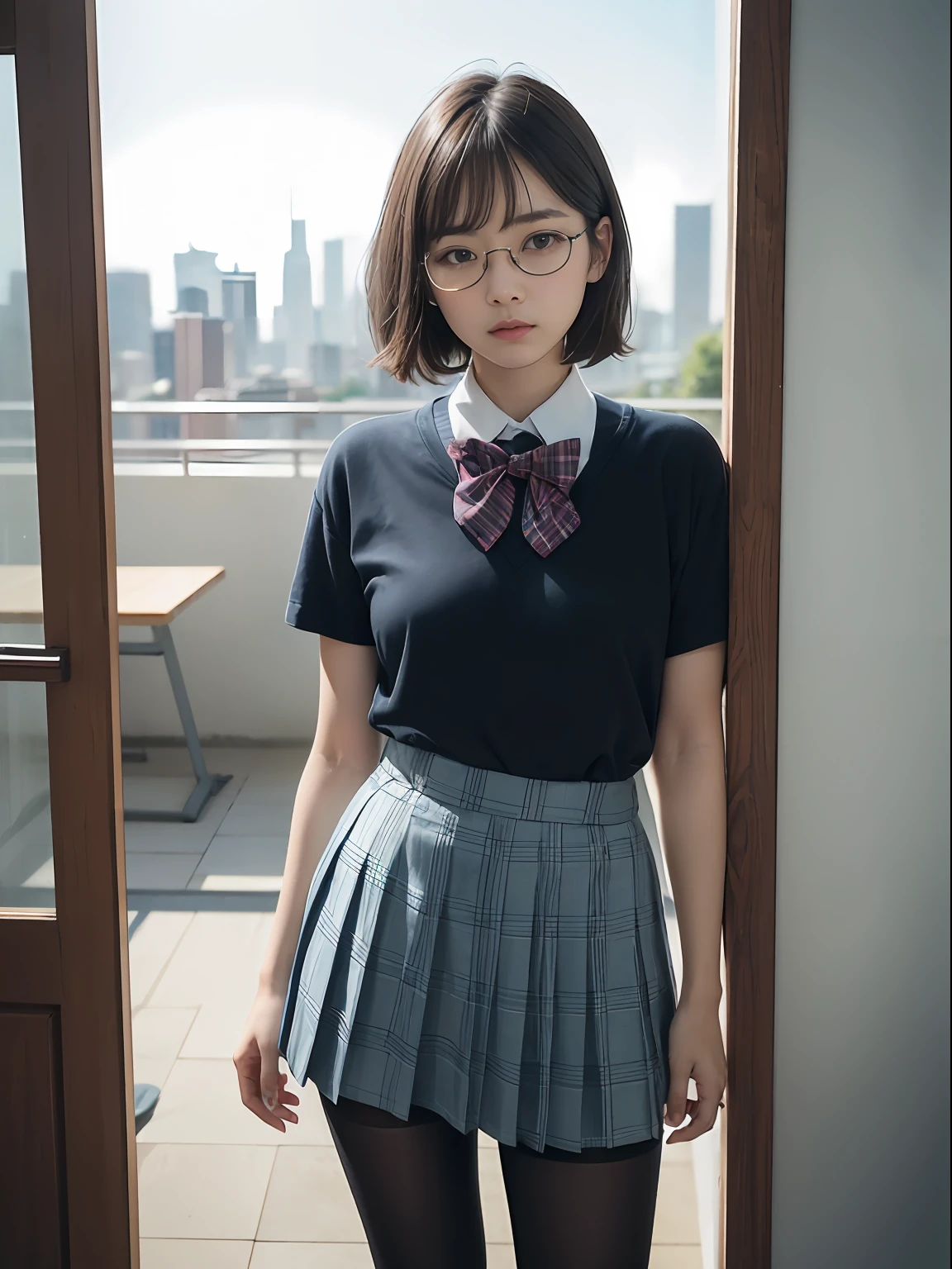 （8K、Raw photography、top-quality、​masterpiece：1.2),(bob cuts),cocky,School,watching at viewers,Looking at the front,Muchimuchi,Erotic,Pupils,(Light Blue Bra,Bras showing through shirts),de pele branca,kne,(Black pantyhose),absurderes,a small face,small tits,flat breast,Parting the bangs from the middle、Forehead visible,(a cold expression,Tight eyes,glares,Bullish,skinny,Rasping,irate)、​masterpiece,top-quality、超A high resolution,Raw photo,ren,Beautiful fece,One Person, 独奏,eye glass,,Dark look,Small breasts,fullllbody,Round glasses、cute little,JK school uniform,hi-school girl,A Japanese Lady,is standing,（Photorealsitic：1.37）、Photon mapping,Realistic、Beautie,Cute little face,Brown-eyed、Black socks、(Red bow tie)、Radio City、Physically Based Rendering、depth of fields、Blurry background、a picture,Body,teens girl,beauty legs, Long legs, Thin leg,(Bangs are visible), hair, s lips, Blue_The eye, nosesoft,(Light blue shirt), (Navy and blue and white plaid pleated skirt), Knees are visible,Sheer clothing,, Thigh, Black cotton socks,Nogizaka Idol, 女優, Japanese ido