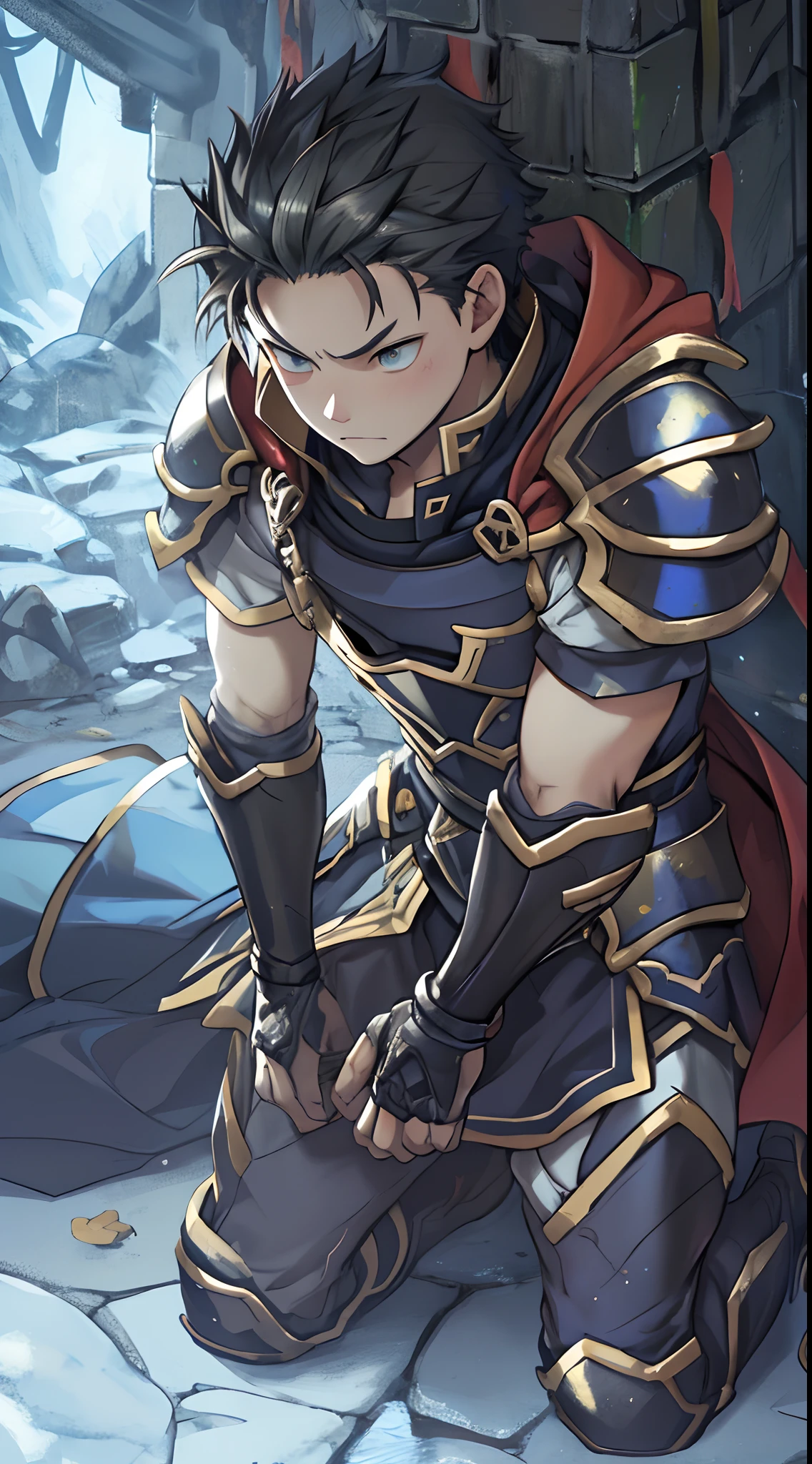 (1 Adult male),A high resolution, Sharp focus, Pixiv masterpiece, ((Complicated details)), highly detailed, natsuki_subaru, 1 man,Defeat, crestfallen,full bodyesbian,kneels on the ground, (A gesture of pleading),blue color eyes(eyes glowing), Short yellow hair,cloaks,Armour,Shoulder armor,perspire,look from down