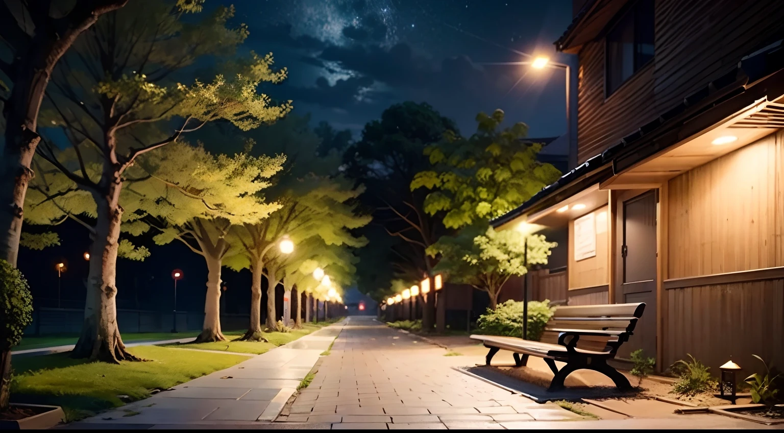 It's night,夏天,unmanned,,There are only wooden benches,murky,realistic illustration,The ground is soil,Trees grow around the bench