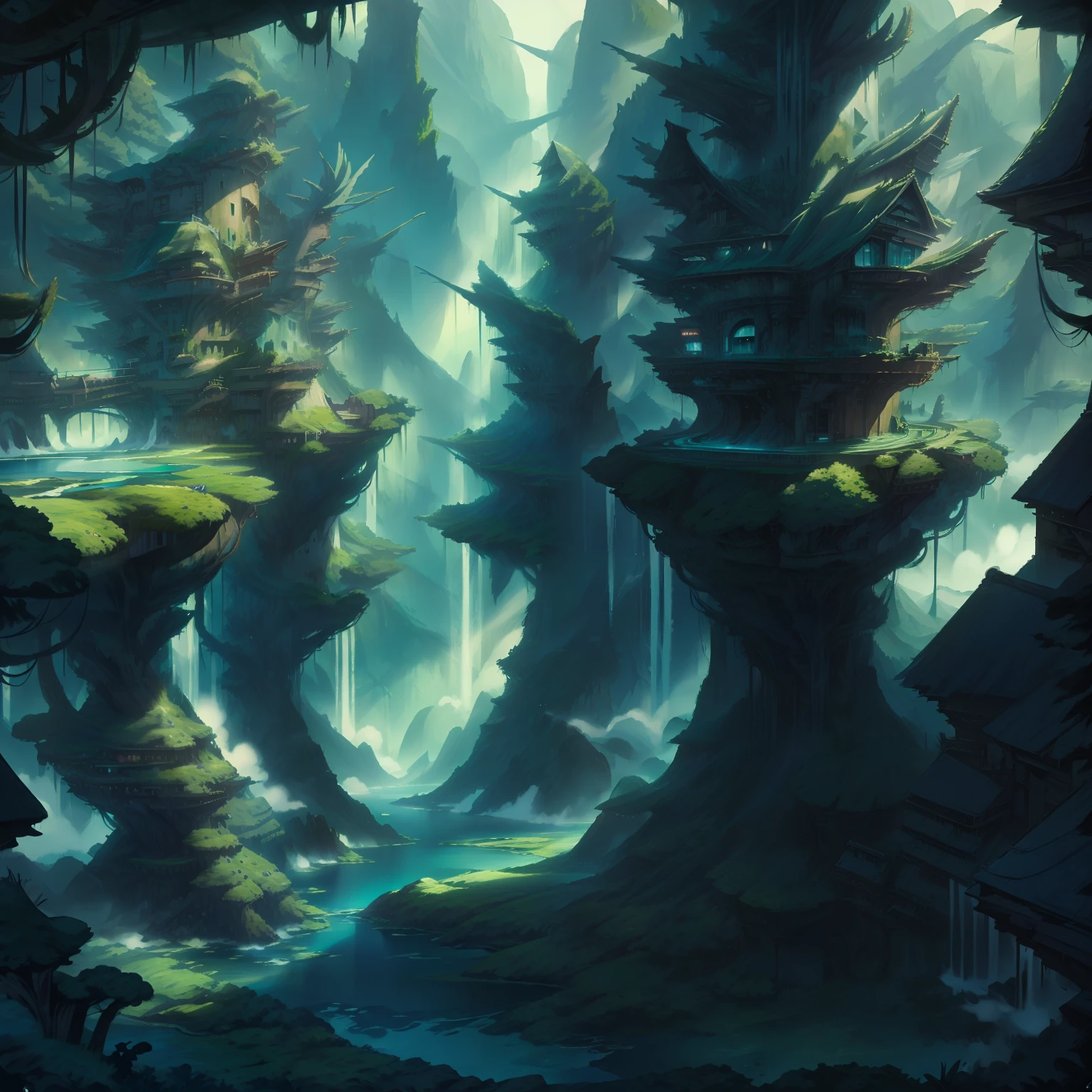 ghibli, no humans, castles, waterfall, flying islands, sky, ocean, sea, mountains, ferrofluids, lineart, landscape, illustration, high quality, best quality, (high detailed:1.2), (extremely detailed:1.3)