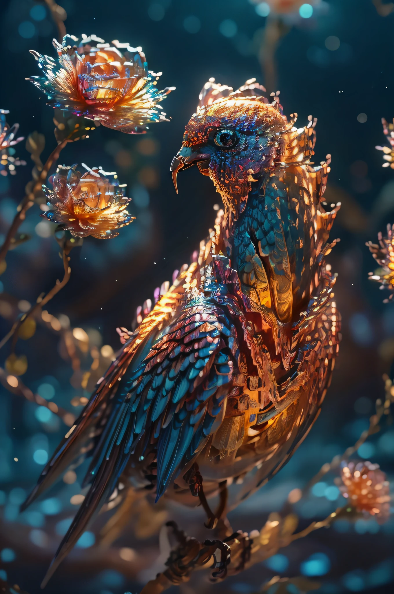"Escultura de cristal de alta qualidade com Fauna e Flores, Fadas, Ninfas, water, brilho, fantasia, incredible details, obra-prima, melhor qualidade, RTX, 4k, 8k,".