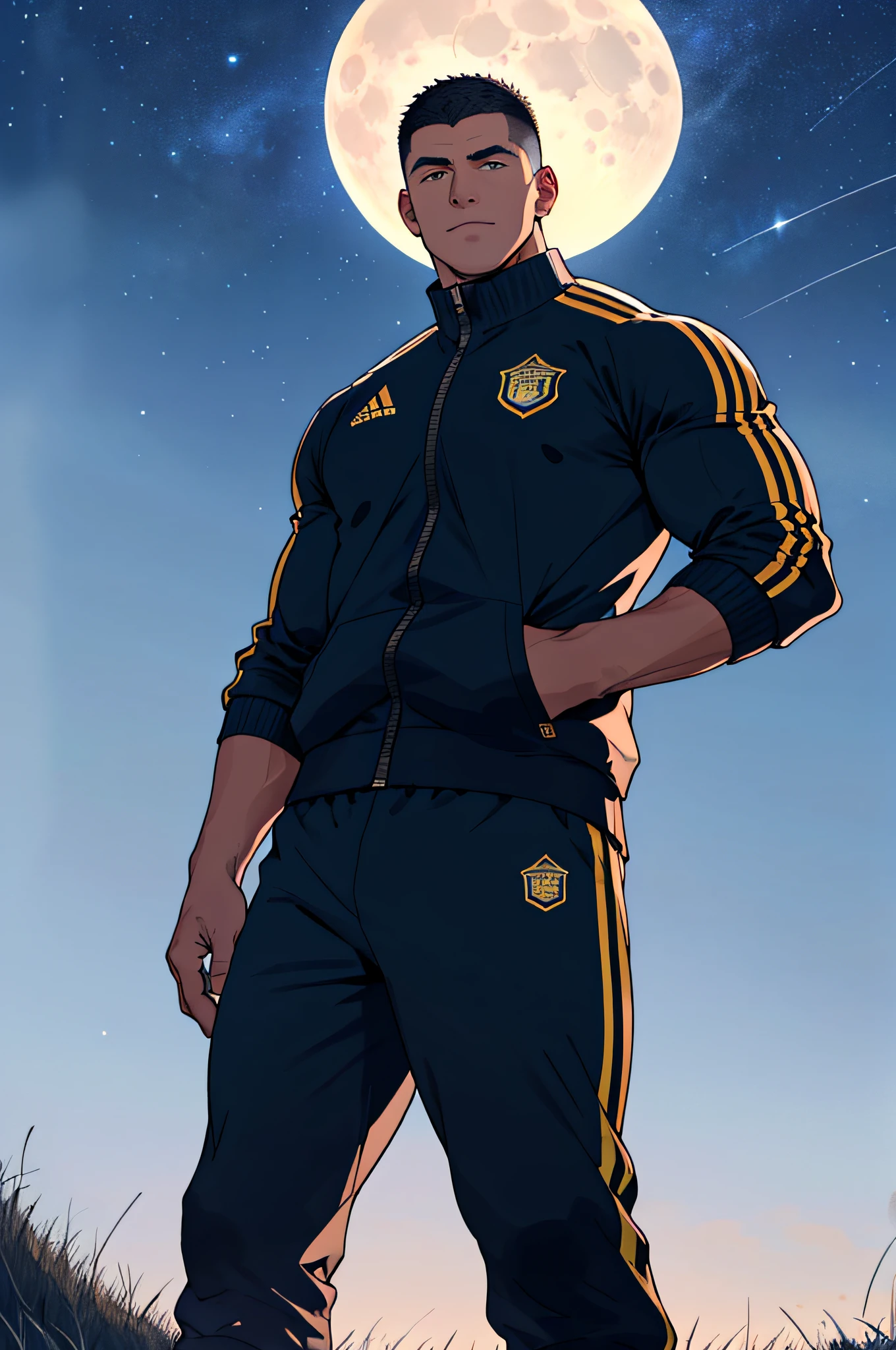 Draw a full-fledged footballer，Standing on the steppe at night，He was wearing a tracksuit，The man looks confident and determined，looking-down，Crew cut，full bodyesbian，Stars dot the sky，shooting from below，Big moon highlights background