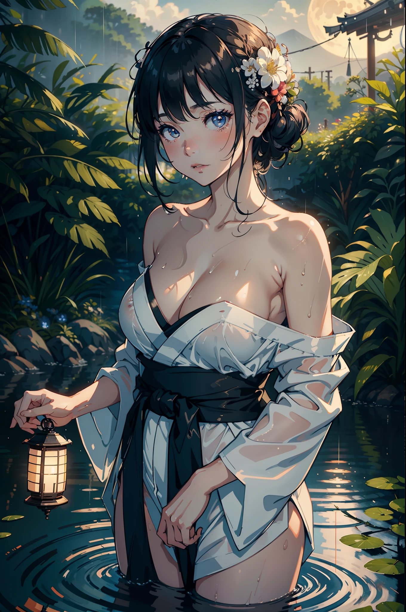 1girl, breasts, moon, lantern, night, solo, large breasts, hair ornament, wet, kimono, japanese clothes, wading, water, hair flower, flower, outdoors, sky, full moon, rain, black hair, off shoulder, mountain, cloud, holding, sash, bare shoulders, paper lantern, standing, white kimono, night sky, sideboob, obi, wet clothes, bangs, tree, from side, reflection, short hair, cloudy sky, wet hair (((masterpiece),(extremely detailed CG unity 8k wallpaper),best quality,,solo,1girl,cinematic lighting,detailed background,beautiful detailed eyes,bright pupils, (an extremely delicate and beautiful),(Beautiful and detailed eye description)， ultra-detailed,masterpiece,)) (NSFW 1.3)