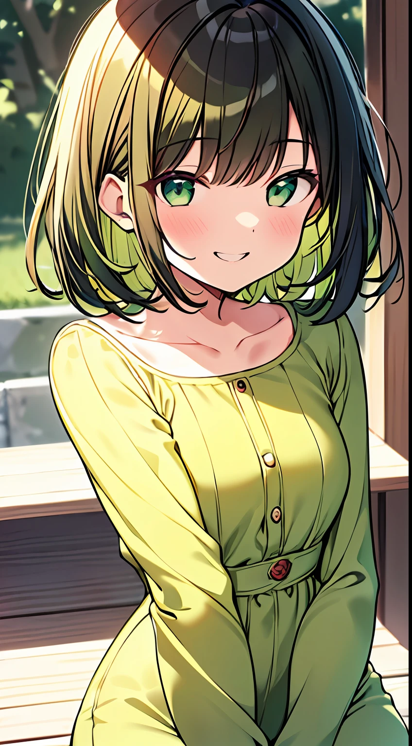 masutepiece, Best Quality,Illustration, Wallpaper, Ultra Detail, absurderes, 1loli,Solo,Beautiful detailed eyes,
Bangs, Medium Short-Cut Hair, (nffsw)、(((Light yellow-green clothes)))、Dark hair color、((Full smile))、((Small curvaceous))