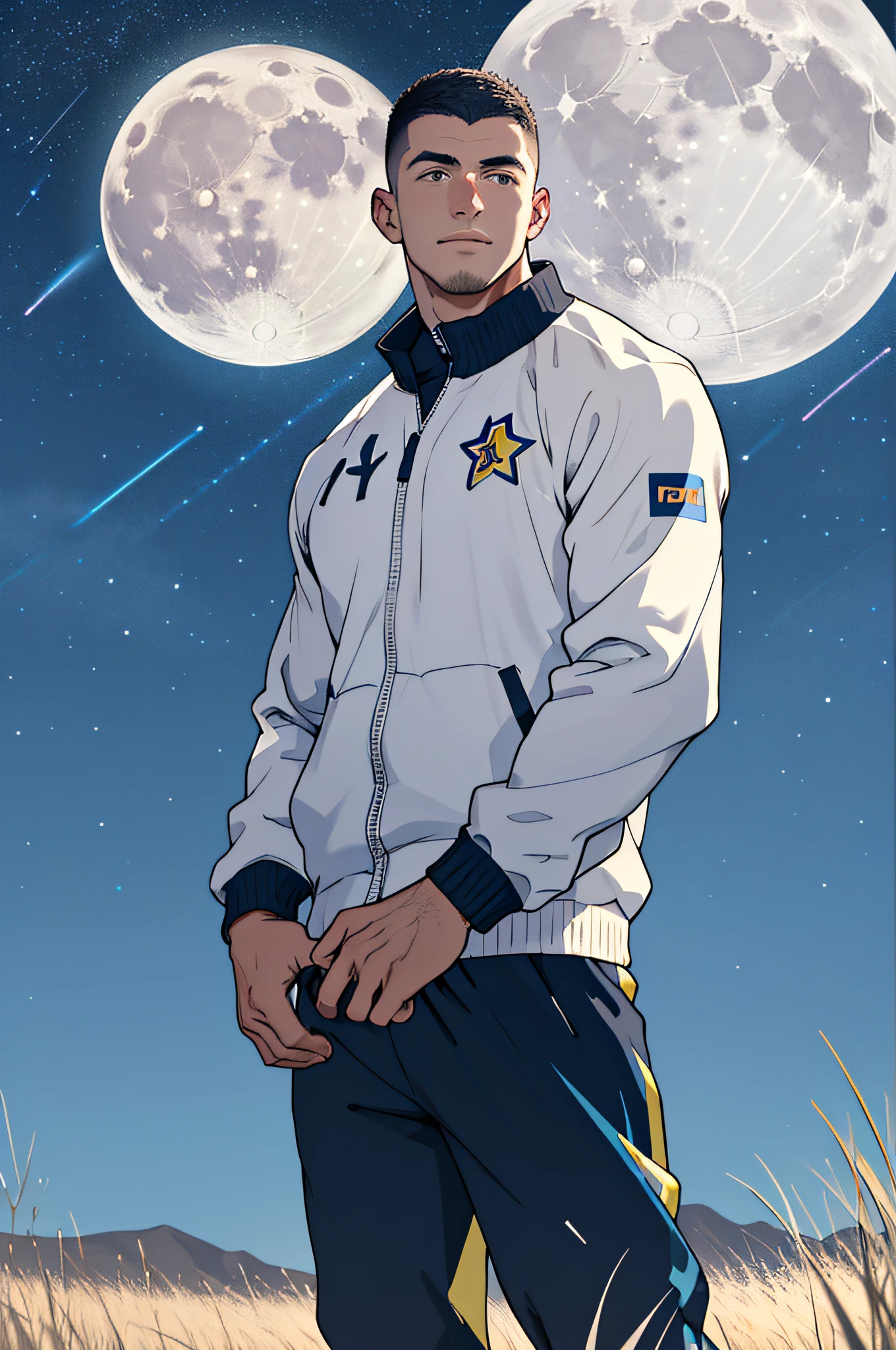 Draw a full-fledged footballer，Standing on the steppe at night，He was wearing a tracksuit，The man looks confident and determined，looking-down，Crew cut，full bodyesbian，Stars dot the sky，shooting from below，Big moon highlights background
