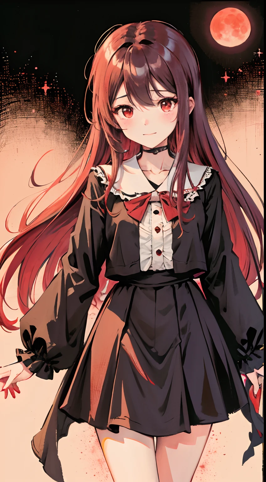 1girll,adolable,美丽细致的眼睛,shinny hair,visible through the hair,Hair between the eyes,Red monochrome,brunette color hair,red - eyed,Vampires,teens girl,Poor milk,Lolita skirt, short, nigth,starrysky,Red Moon,Little bats can fly,luster,diffused reflections,goth style,A high resolution,Magic Array