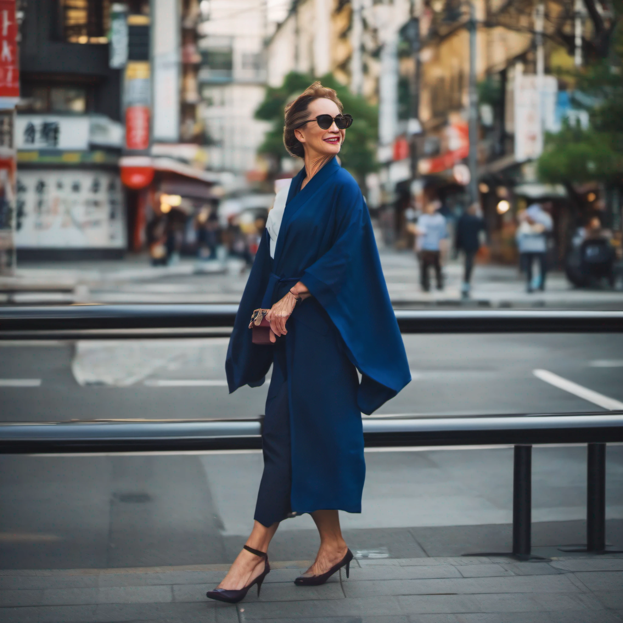 Mature woman walking in the city wearing a dark blue kimono