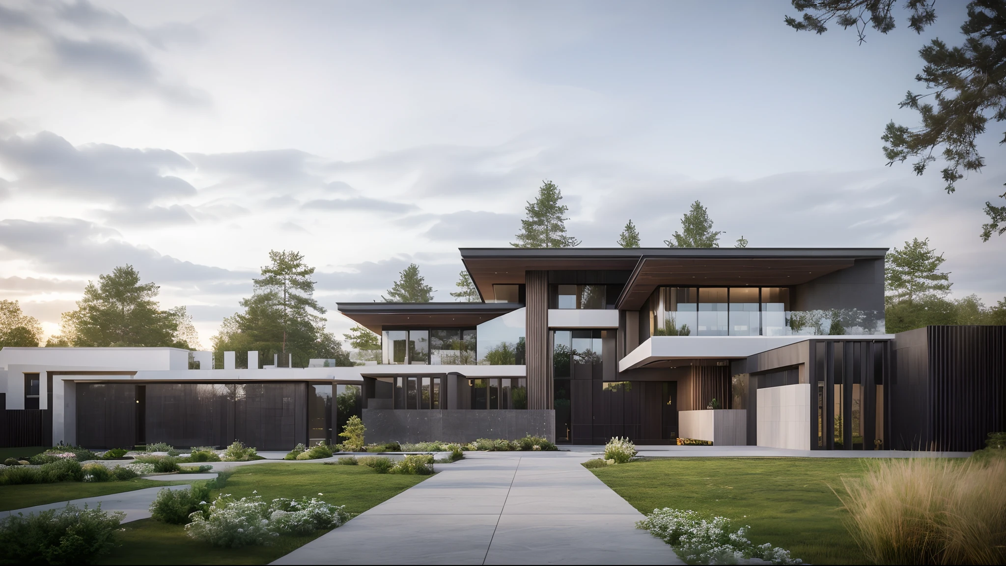 (masterpiece),(high quality), best quality, real,(realistic), super detailed, (full detail),(4k),8k,modern house exterior design,Modern architecture,Beautiful_sky,Day light, no_humans, outdoors,sky,tree,Garden flower front of building,