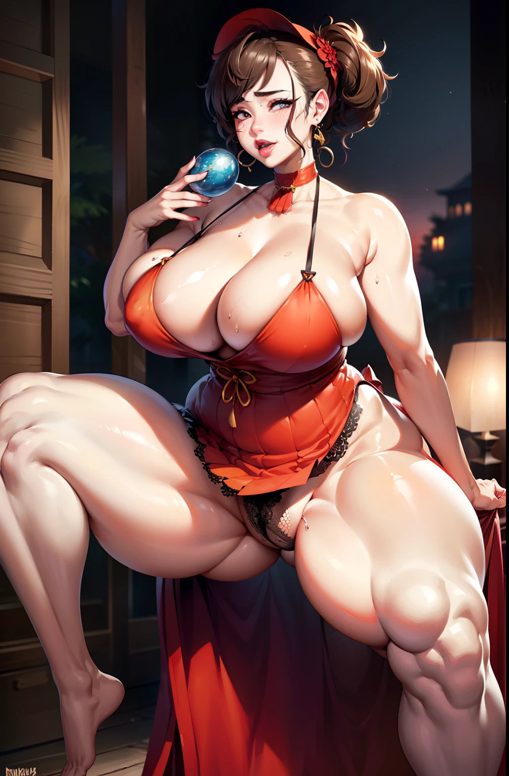Hot mom,独奏,(:1.3),thick thight,upper legs,Wide buttock,dent in the skin,Double tail,short detailed hair,curlies,ssmile,cheerfulness,(Red lace apron:1.2),cparted lips,plumw,exposed midriff,protruding areolas,gigantic cleavage breasts,4K,realistic humid skin,Armpits,Large curved hips,a variety of poses,Stick out a very long tongue,Fleshy figure,with perfect legs,Hypertrophic,protruding areolas,Bronzed skin,Detailed lips,bubble butt,Dewy,mouth drool,Lick,Place your fingers between your legs,Hungry and thirsty housewives,erected,Wrinkles,Eyes look at the lens,A shy look,Blushing aunt,Two braids,Smooth skin,Very meticulous clothes,Intriguing set,extremly high detail,A detailed face,Gloss on lips,Bronze,onbed,super breasts,Feminine and colorful