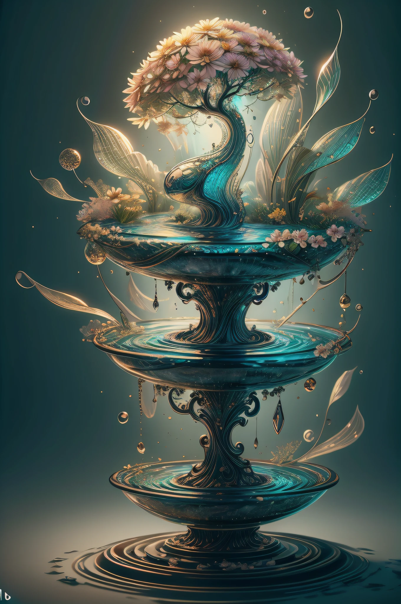 "Escultura de cristal de alta qualidade com Fauna e Flores, Fadas, Ninfas, water, brilho, fantasia, incredible details, obra-prima, melhor qualidade, RTX, 4k, 8k,".