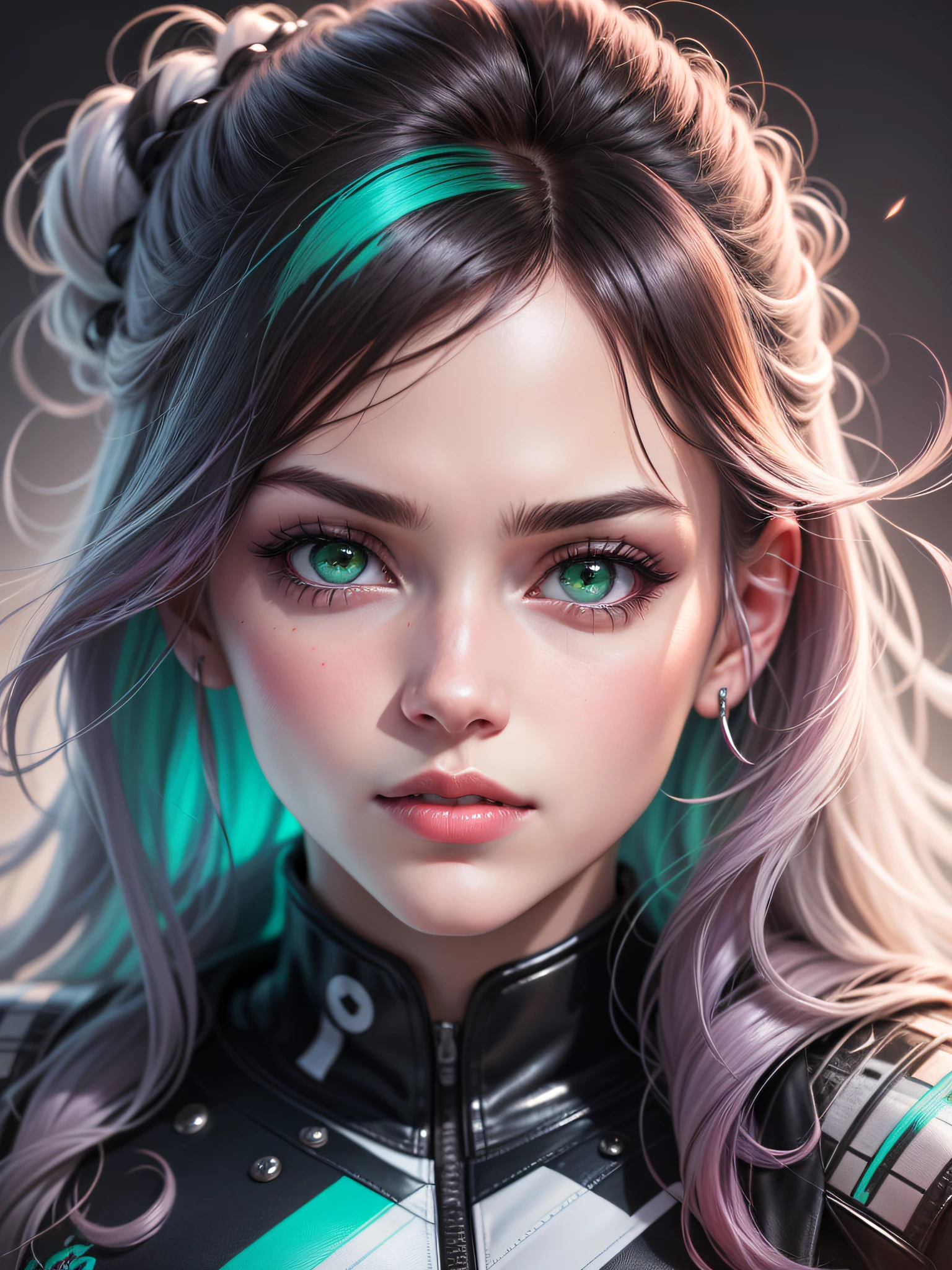 'Close up portait beautiful girl, prated hair, green eyes, in modern fighting costume, hyper realistic, pastel colors, complementary colors, soft colors, vibrant colors, dramatic colors, vaporwave, retrowave, black and white, colorfull, artochrome, highly detailed, 4K'