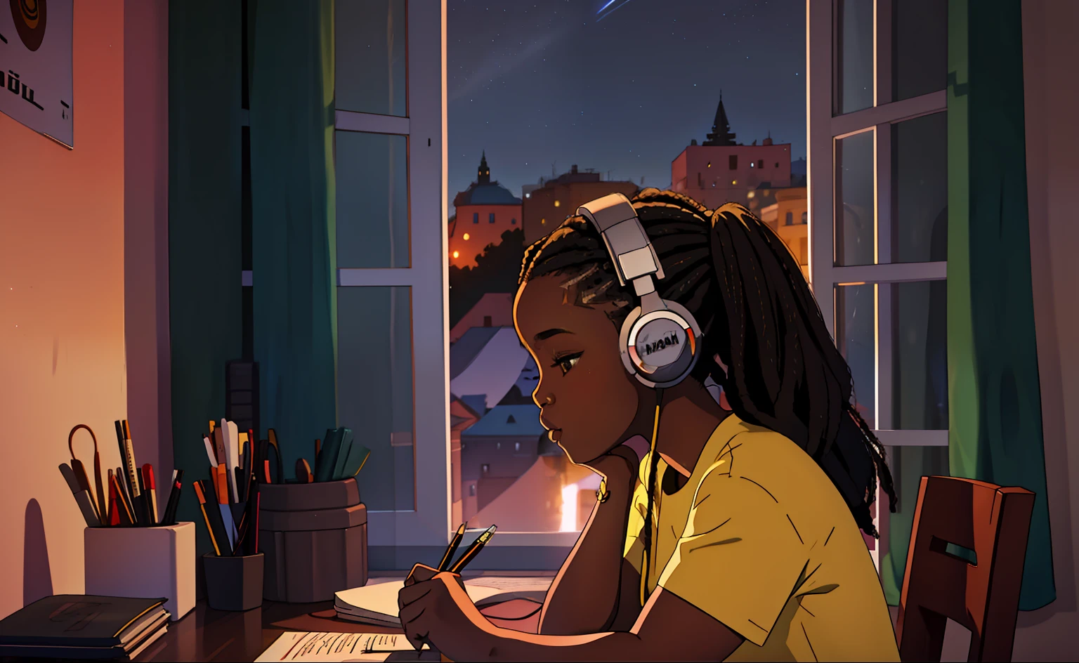 "lofistudy, African girl writing from a side profile with long hair, wearing headphones and a t-shirt, sitting by a window with a Ukraine background at night, capturing the essence of hip hop vibes."