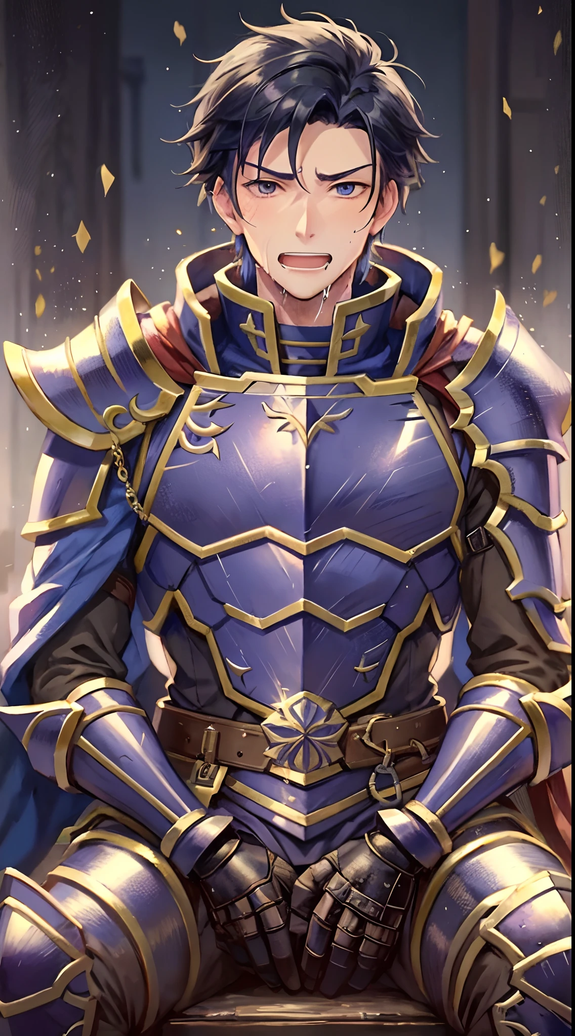 Hector Fey， 独奏， looking at viewert， Teasing laughter， Open your mouth，drools，perspire，Drenched，Get wet，mitts， 1 man， Male focus， sit astride（sit on chair），Cloak， Armour， Shoulder armor， look from down