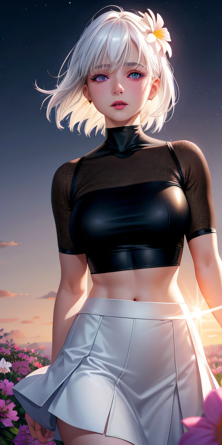 realistic, 1girl, white hair, purple eyes, glowing eyes, crop top, skirt, parted lips, blush, night, flowers, sun, sunlight,