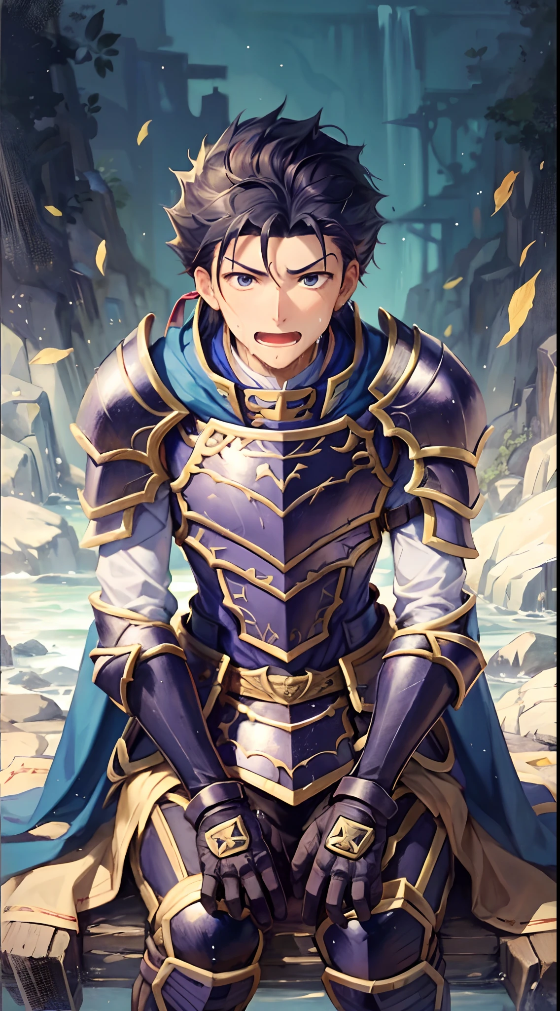 Hector Fey, 独奏, looking at viewert, Teasing laughter, Open your mouth,drools,perspire,Drenched,Get wet,mitts, 1 man, Male focus, sit astride(sit on chair),Cloak, Armour, Shoulder armor, look from down