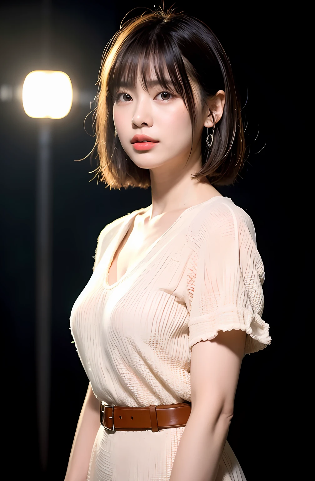 ((8K:1.27)、top-quality、masterpiece、超A high resolution:1.2)Photo Beautiful Japan woman(pleasing:1.1) Elegance、There is a good、Gradient lighting、1girl in、Delicate skin、Look here、Brown-eyed、(short hair with bangs:1.2)、(breasts are large:1.0)、(medium areola:0.8)、(realisitic:1.4)、(top-quality:1.0)、(超A high resolution:1.0)、8K、Raw photography、(masterpiece:0.2)、(pureerosface_v1:0.5)、 Fashion of the 60s、Clothes with classic designs、Actress style of the 60s、Retro dresses、classical、Clogged neck design、Brown dress、Simple and tight dresses、Pop、a belt、shortsleeves、Chest invisible design、Kamimei、excited expressions、Red cheeks、want me、Staring at this、Angle from the side、subject、Lean、、Watched、Good posture、up chest、up chest、SLR、Staring at this、Colossal tits、bulging chest、Super Super Mini Skirt、Futomo、big butts、Bust that seems to overflow、Lighting from below、murky、Upper Light、illuminated by lighting from below,,,,,、Theater entrance、natta、