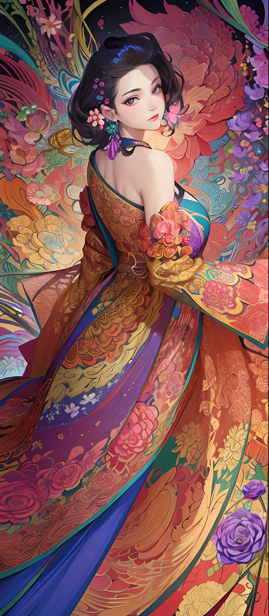 (masterpiece, top quality, best quality, official art, beautiful and aesthetic:1.2), (1girl:1.3), extremely detailed,(fractal art:1.1),(colorful:1.1)(flowers:1.3),highest detailed,(zentangle:1.2), (dynamic pose), (abstract background:1.3), (chinese Traditional cloth:1.2), (shiny skin), (many colors:1.4), ,(earrings:1.4),