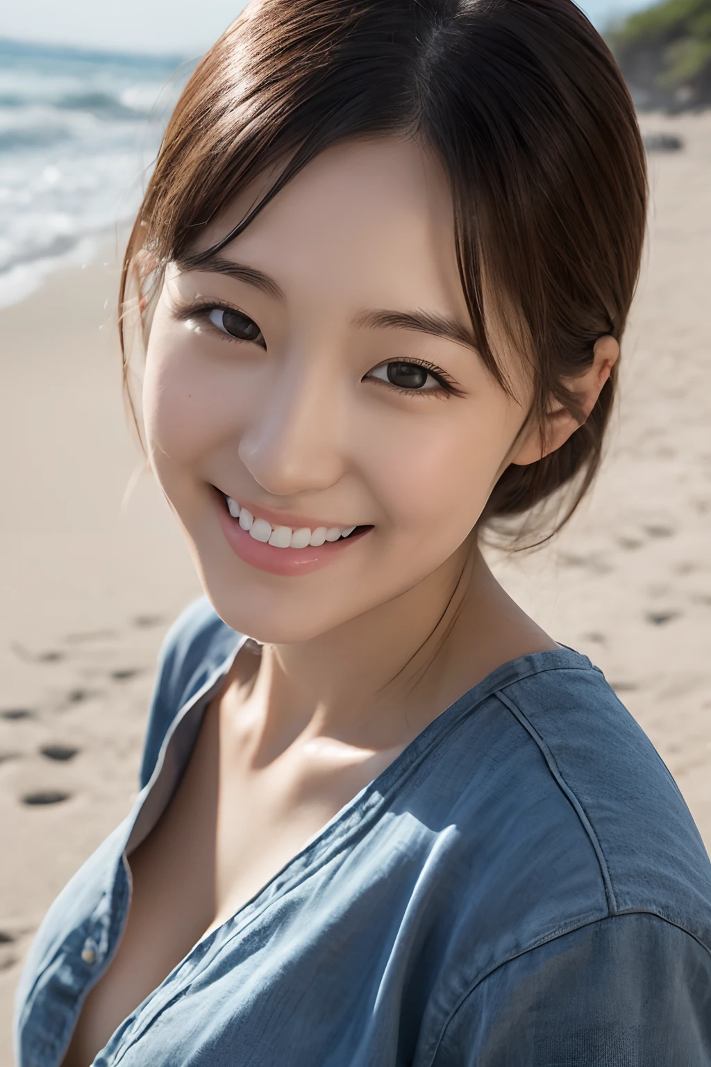 (((masutepiece))),Best Quality, Hyper realistic, Natural Beautiful Sexy Woman, Beautiful face, Cute and cool face, Beautiful eyes, Korean Woman, 27yo, (Full body) ,Hot pants andTThe shirt , Sexy Pose , NFSW,intricate-detail、Smiling on the beach