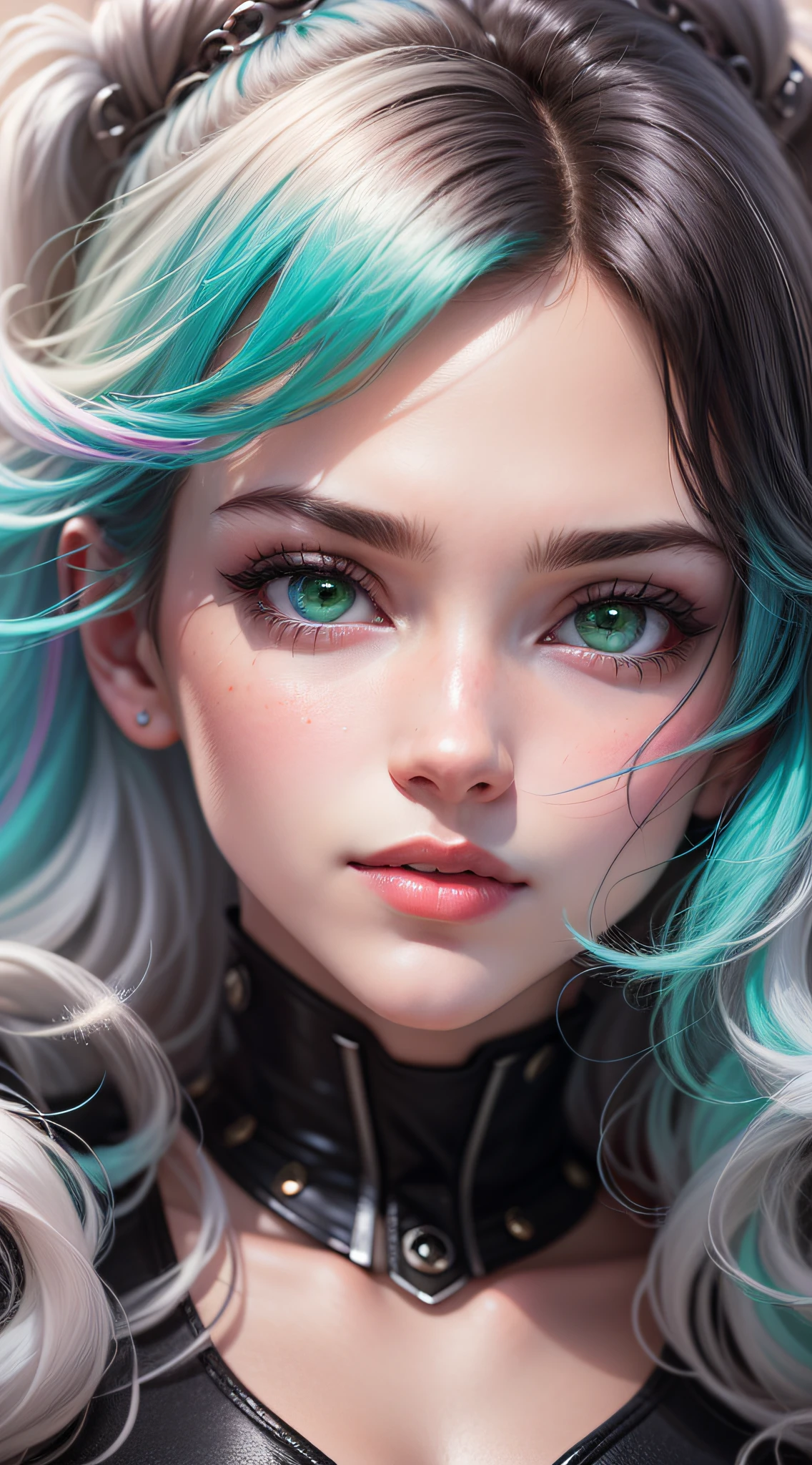 'Close up portait beautiful girl, prated hair, green eyes, in modern fighting costume, hyper realistic, pastel colors, complementary colors, soft colors, vibrant colors, dramatic colors, vaporwave, retrowave, black and white, colorfull, artochrome, highly detailed, 4K'