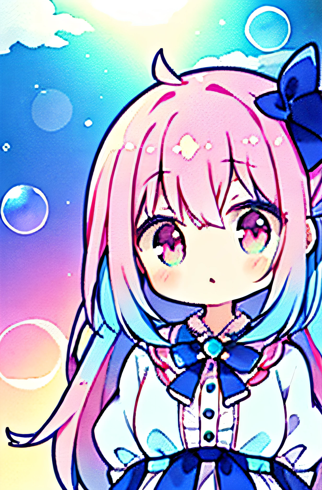 Yumekawa, dreamily cute, pale, moya, (masterpiece, highest quality, highest quality, watercolor (medium), official art, beautiful and aesthetic: 1.2), (two beautiful girls: 1.3), upper body, flirting, lesbian, ta fashion, lolilooking viewer, pattern, (iridescent hair, colorful hair, half blue and half pink hair: 1.2), soap bubbles, rainbow behind, clouds, colorful, soap bubbles, hair spread all over, cute, pastel, big ribbon, cute room, rainbow color unicorn plushie