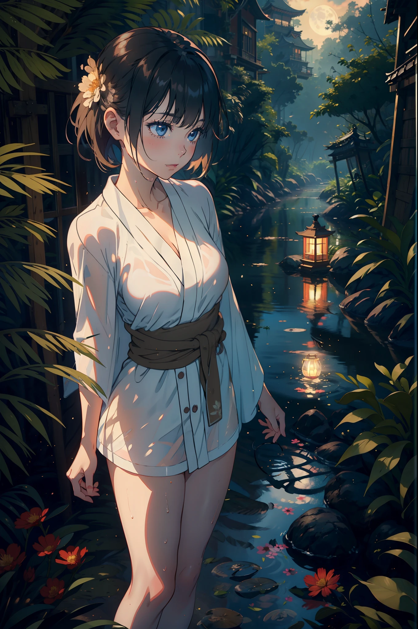 1girl, breasts, moon, lantern, night, solo, large breasts, hair ornament, wet, kimono, japanese clothes, wading, water, hair flower, flower, outdoors, sky, full moon, rain, black hair, off shoulder, mountain, cloud, holding, sash, bare shoulders, paper lantern, standing, white kimono, night sky, sideboob, obi, wet clothes, bangs, tree, from side, reflection, short hair, cloudy sky, wet hair (((masterpiece),(extremely detailed CG unity 8k wallpaper),best quality,,solo,1girl,cinematic lighting,detailed background,beautiful detailed eyes,bright pupils, (an extremely delicate and beautiful),(Beautiful and detailed eye description)， ultra-detailed,masterpiece,)) (NSFW 1.3)