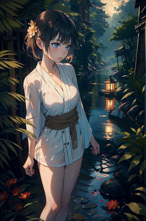 1girl, breasts, moon, lantern, night, solo, large breasts, hair ornament, wet, kimono, japanese clothes, wading, water, hair flo...