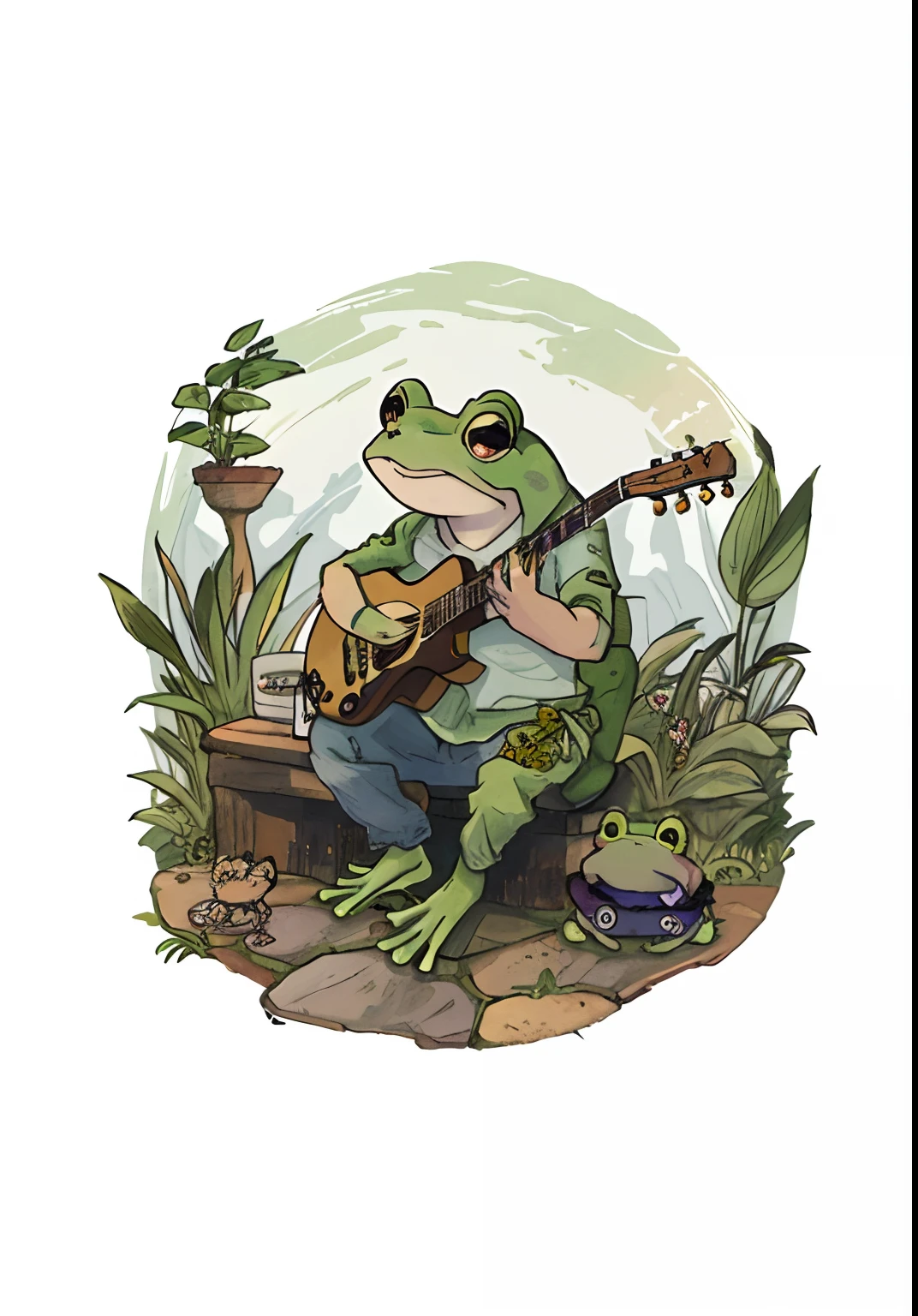 Close up of frog playing guitar in the wild, frog playing on guitar, very detailed toad, Kerem couplet, frogs, toad, author:Karen Beit, big toad, toads, Monge-Baptiste Munger, frog themed, toad philosopher the thinker, Jean-Baptiste Monger, inspired by james christensen, the wednesday frog
