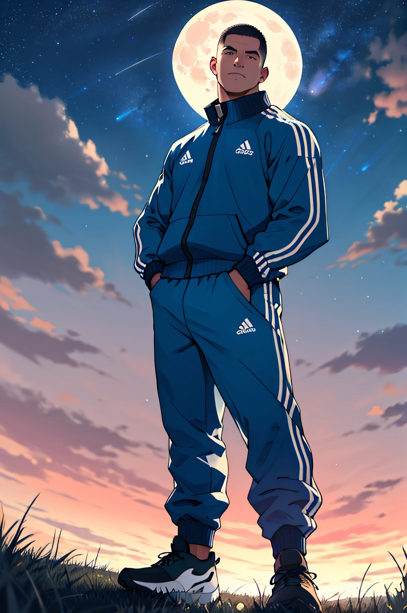 Draw a full-fledged footballer，Standing on the steppe at night，He was wearing a tracksuit，The man looks confident and determined，looking-down，Crew cut，full bodyesbian，Stars dot the sky，shooting from below，Big moon highlights background