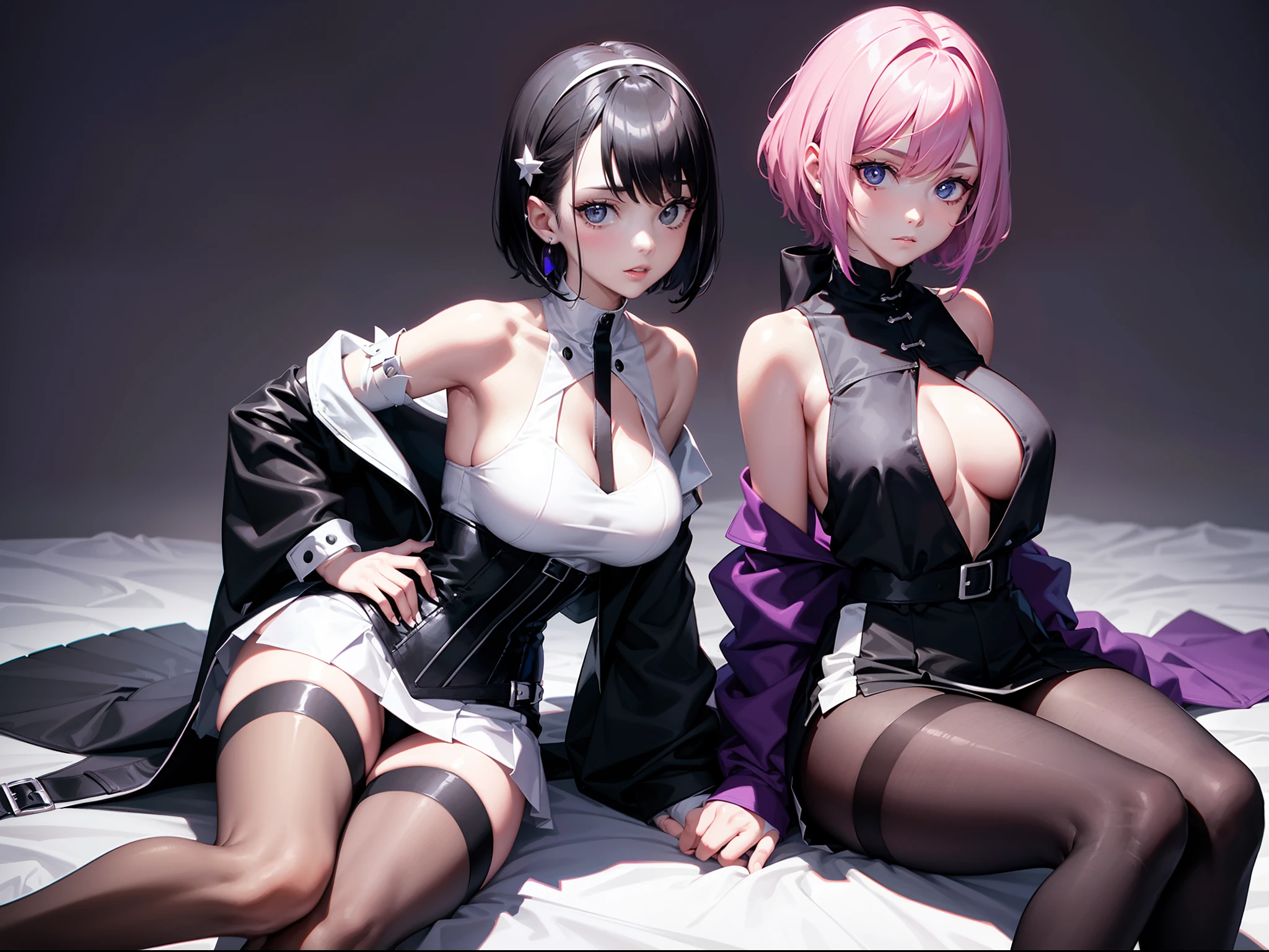 Comic style，High-quality characters，2 girls，Exquisite facial features，The complexion is very fair，Lean body type，Thin leg，All-round illumination，Side view，Close-up distance，smallunderboob，pink short hair，purple colour gradient，Strip dyeing，Side pre-hair，Cool hairstyle，Handsome hairpins，Black and white snap closure earrings，Black and white paneled vest，Black transparent shawl，Black cool short gloves，Purple-black pleated skirt，White ring belt，Black heart-shaped leg straps，Black and white hose，Delicate black leather shoes，A shy expression，1 in the rear，1 person in front，The lower body is tightly pressed together，Put your hands around your waist，The other hand grabs the chest，Outdoor background。