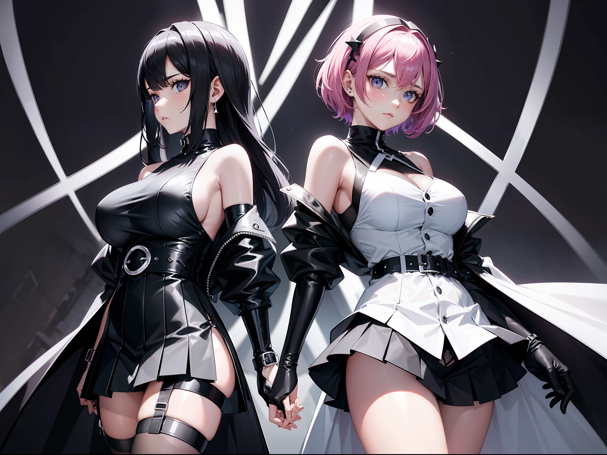 Comic style,High-quality characters,2 girls,Exquisite facial features,The complexion is very fair,Lean body type,Thin leg,All-round illumination,Side view,Close-up distance,smallunderboob,pink short hair,purple colour gradient,Strip dyeing,Side pre-hair,Cool hairstyle,Handsome hairpins,Black and white snap closure earrings,Black and white paneled vest,Black transparent shawl,Black cool short gloves,Purple-black pleated skirt,White ring belt,Black heart-shaped leg straps,Black and white pantyhose,Delicate black leather shoes,A shy expression,1 in the rear,1 person in front,The lower body is tightly pressed together,Put your hands around your waist,The other hand grabs the chest,Outdoor background。