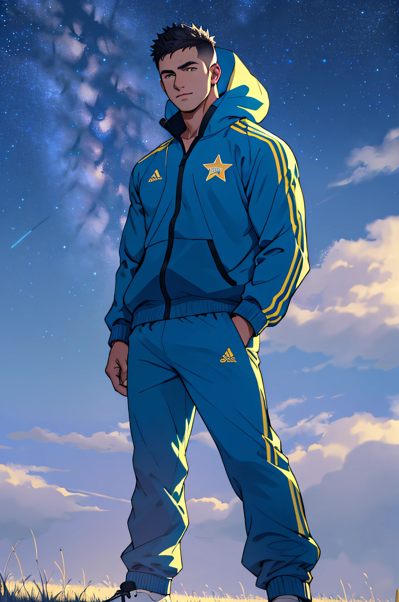 Draw a full-fledged footballer,Standing on the steppe at night,He was wearing a tracksuit,The man looks confident and determined,looking-down,Crew cut,full bodyesbian,Stars dot the sky,shooting from below,Big moon highlights background