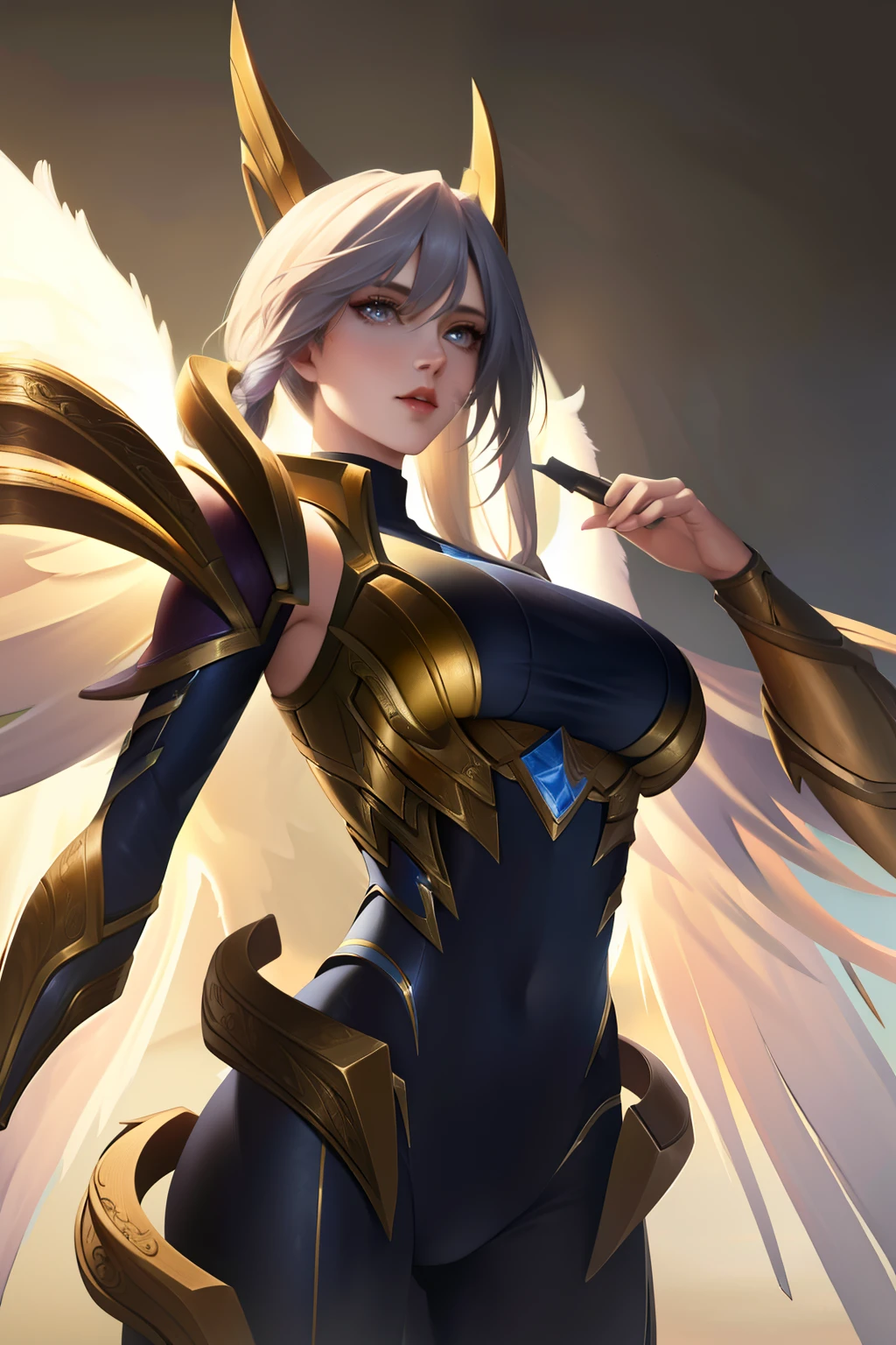 （((Best quality)), ((Masterpiece)), (High detail:1.3) , tmasterpiece：1.4）， （best qualtiy：1.2）， Angel God，Protoss， 1girll， tightsuit， Armour， whaite hair， long whitr hair