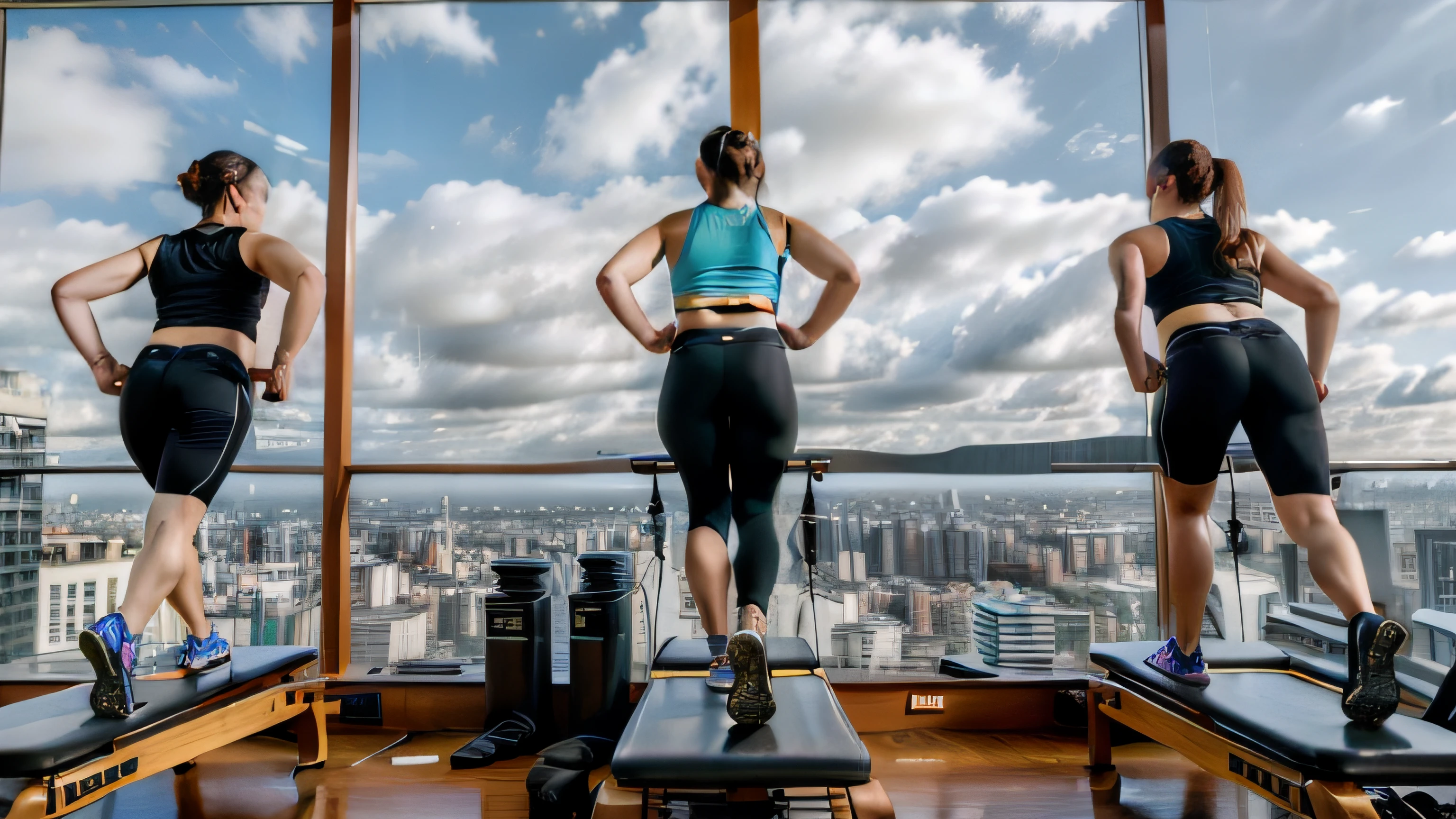 Three Chinese women standing on a Pilates core bed in front of the window, workout, long shot from back, long shot from back, Watching from behind, in the gym, Stand on the Pilates core bed, Watching from behind, distant full body view, taken from behind, Watching from behind