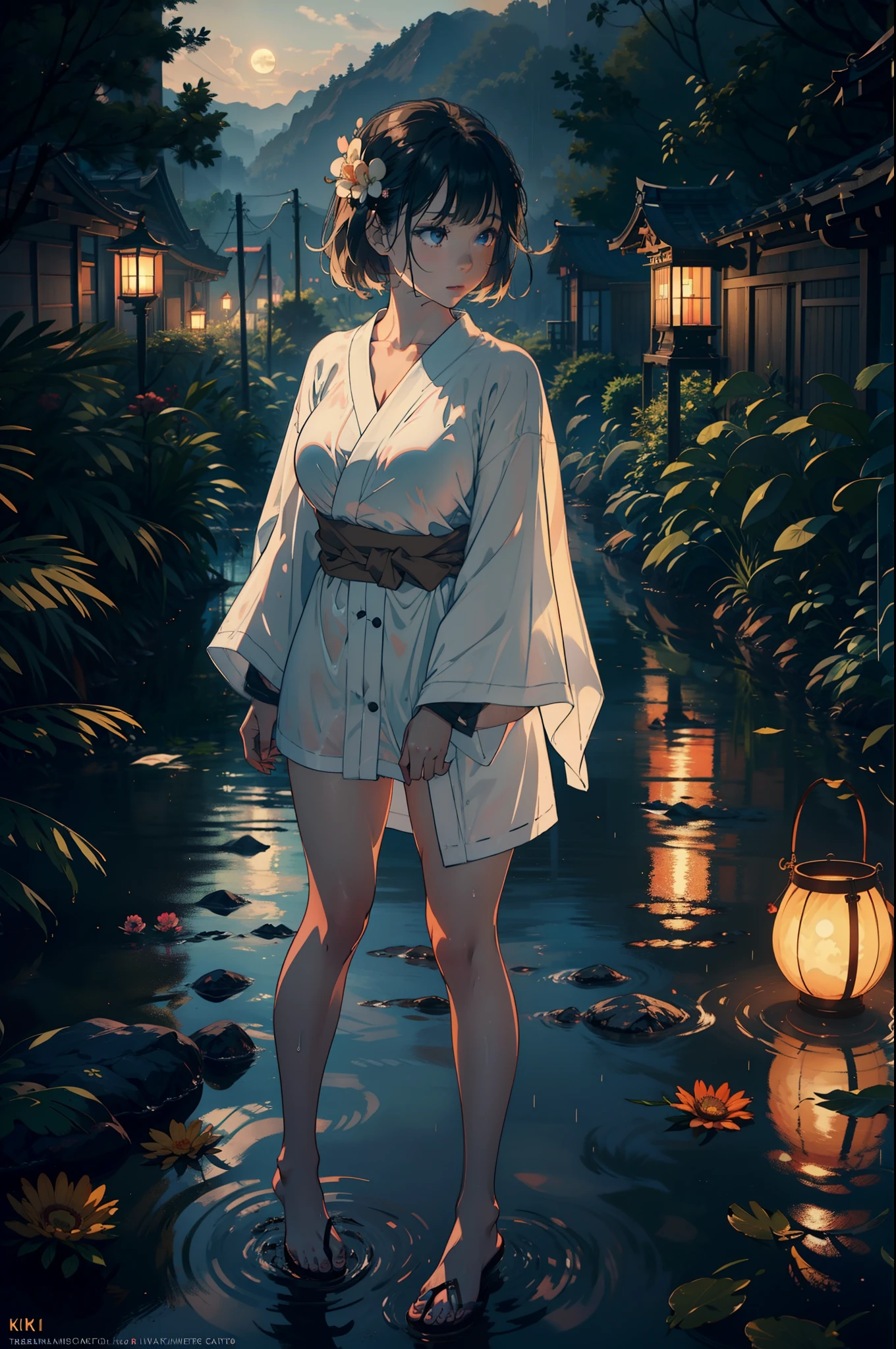 1girl, breasts, moon, lantern, night, solo, large breasts, hair ornament, wet, kimono, japanese clothes, wading, water, hair flower, flower, outdoors, sky, full moon, rain, black hair, off shoulder, mountain, cloud, holding, sash, bare shoulders, paper lantern, standing, white kimono, night sky, sideboob, obi, wet clothes, bangs, tree, from side, reflection, short hair, cloudy sky, wet hair (((masterpiece),(extremely detailed CG unity 8k wallpaper),best quality,,solo,1girl,cinematic lighting,detailed background,beautiful detailed eyes,bright pupils, (an extremely delicate and beautiful),(Beautiful and detailed eye description)， ultra-detailed,masterpiece,)) (NSFW 1.3)