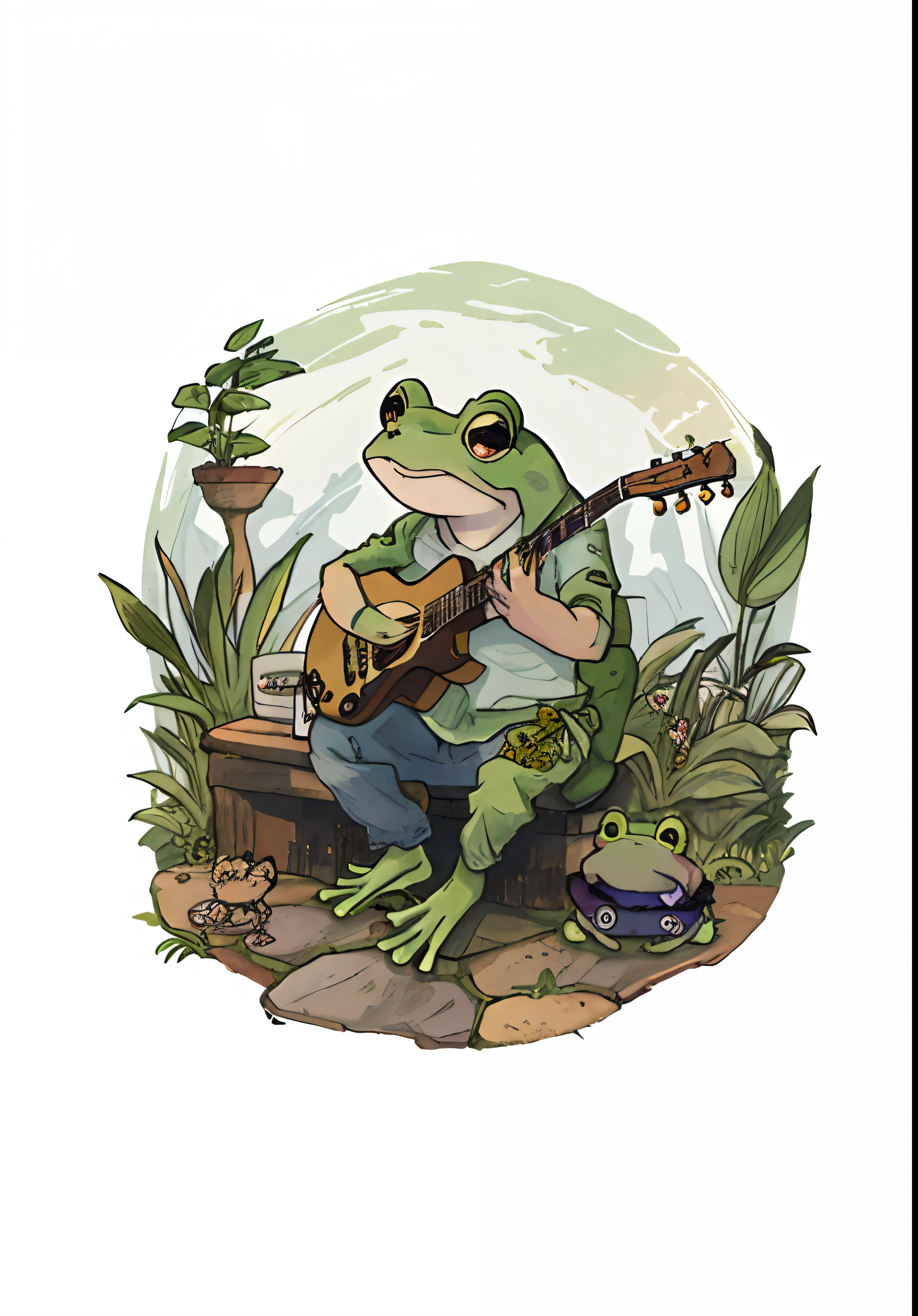 Close up of frog playing guitar in the wild, frog playing on guitar, very detailed toad, Kerem couplet, frogs, toad, author:Karen Beit, big toad, toads, Monge-Baptiste Munger, frog themed, toad philosopher the thinker, Jean-Baptiste Monger, inspired by james christensen, the wednesday frog