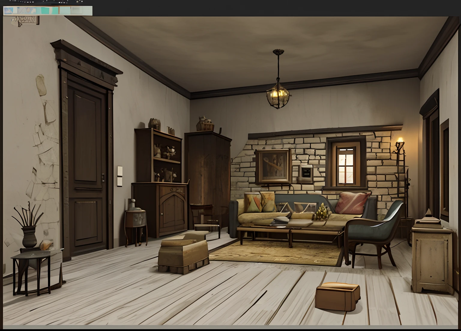 A room with stone walls is furnished, old kitchen backdrop, 2d game environment design, interior background art, arte de fundo, old furnitures, old kitchen backdrop angled view, old furnitures, 3 d stylize scene, Stylized concept art, personal room background, concept-art!, game environment design, Stylized hand drawn textures