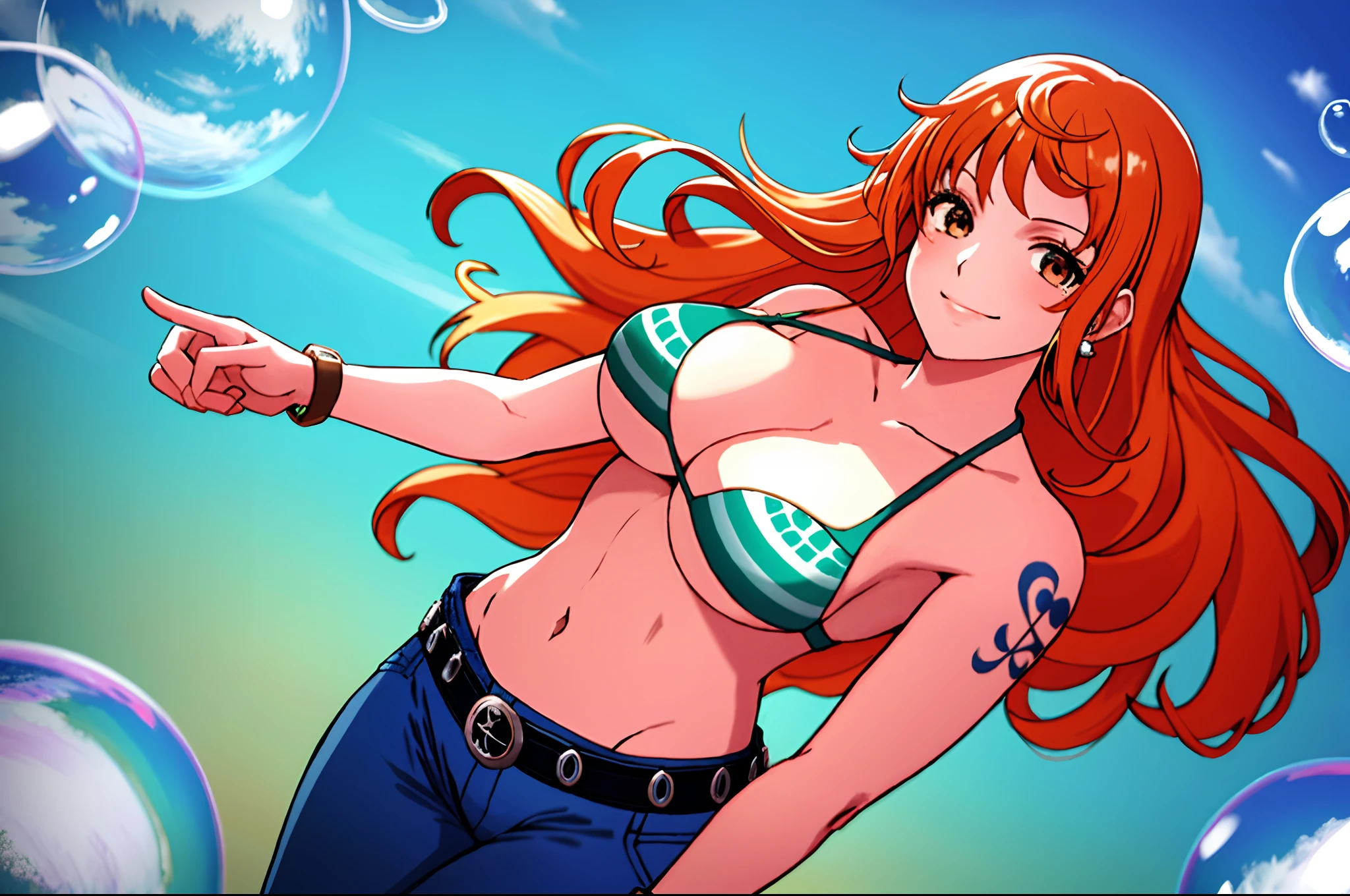 detailed background, masterpiece, best quality, 1 girl, solo), nami \(one piece\), 1girl, bangle, muscular arms, thumb pointing backward, bare shoulders, belt, bikini, bikini top only, blue sky, bracelet, breasts, brown eyes, bubble, cleavage, cloud, cowboy shot, day, denim, earrings, floating hair, green belt, green bikini, groin, jeans, jewelry, large breasts, log pose, long hair, looking at viewer, navel, orange hair, pants, shoulder tattoo, sidelocks, sky, smile, solo, standing, stomach, swimsuit, tattoo , looking at viewer