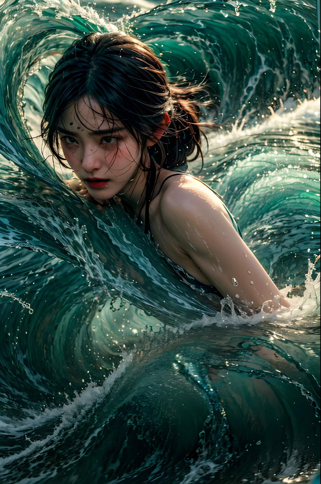 Best quality, masterpiece, super high resolution, 1 girl who hides her face and cries bitterly, beautiful_face, delicate skin, jade water, water, waves