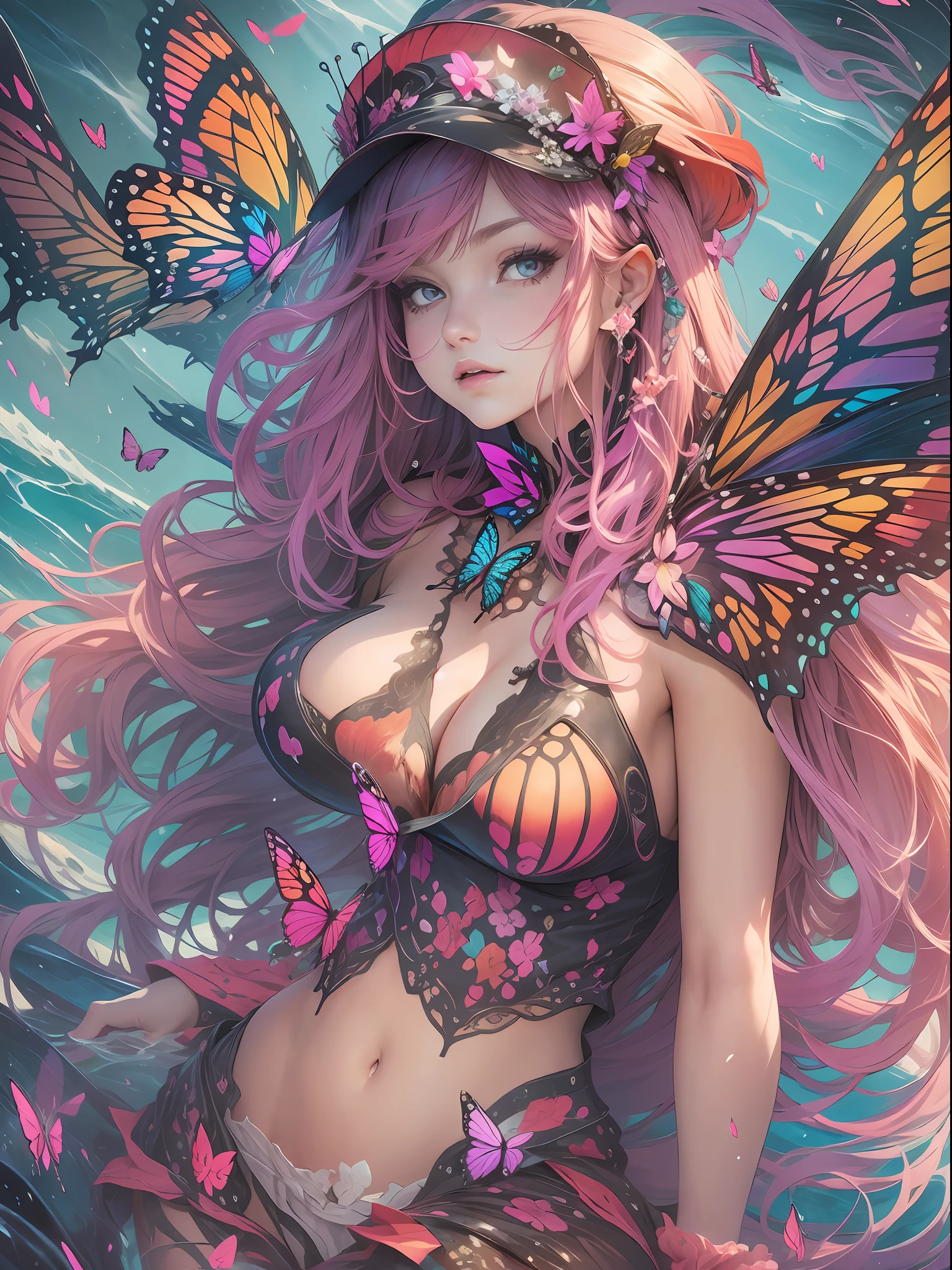 Colorful butterfly, deep sea hunter, girl, songstress, (detailed face: 1.2), (medium breasts), (cleavage), thigh bands, long hair, asymmetrical bangs, Tarot border, centered portrait, (no weapon), (bouncing breasts).