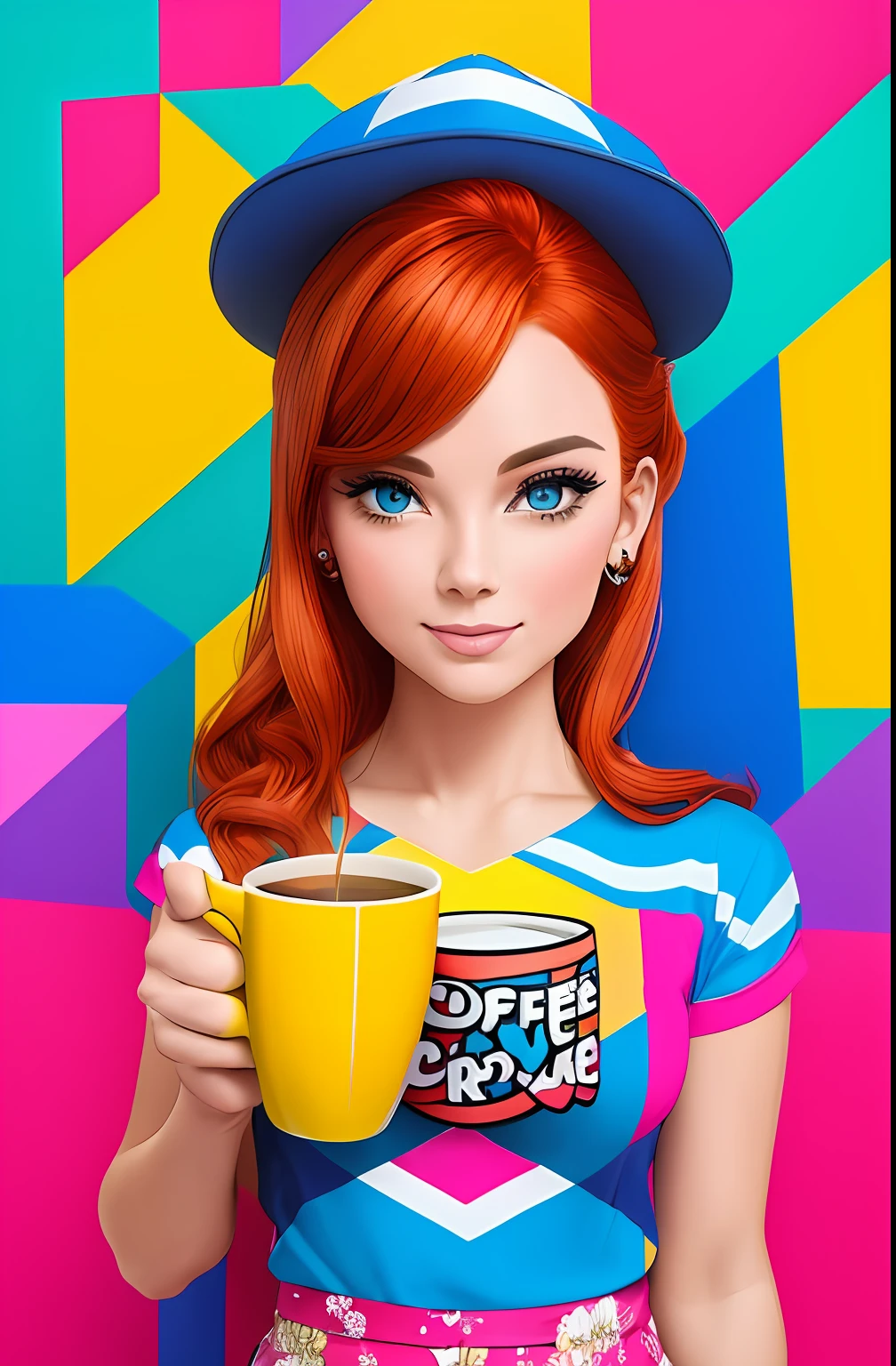 (A BEAUTIFUL HAPPY REDHEAD WOMAN WITH A NICE CUP OF COFFEE COMING OUT SMOKE IN HER HAND, Beautiful cup ,Coloridas ,pink and blue and yellow WRITTEN WE COOFFE IN THE CUP ),  Eduardo Kobra ,Romero Brito,The Filling Twins ,multidimensional geometric wall PORTRAIT, arte, Chibi,
Yang08k, lindo, Colouring,
Primary works, qualidade superior, melhor qualidade, Arte Oficial, Beautiful and Aesthetic, 128 mil
