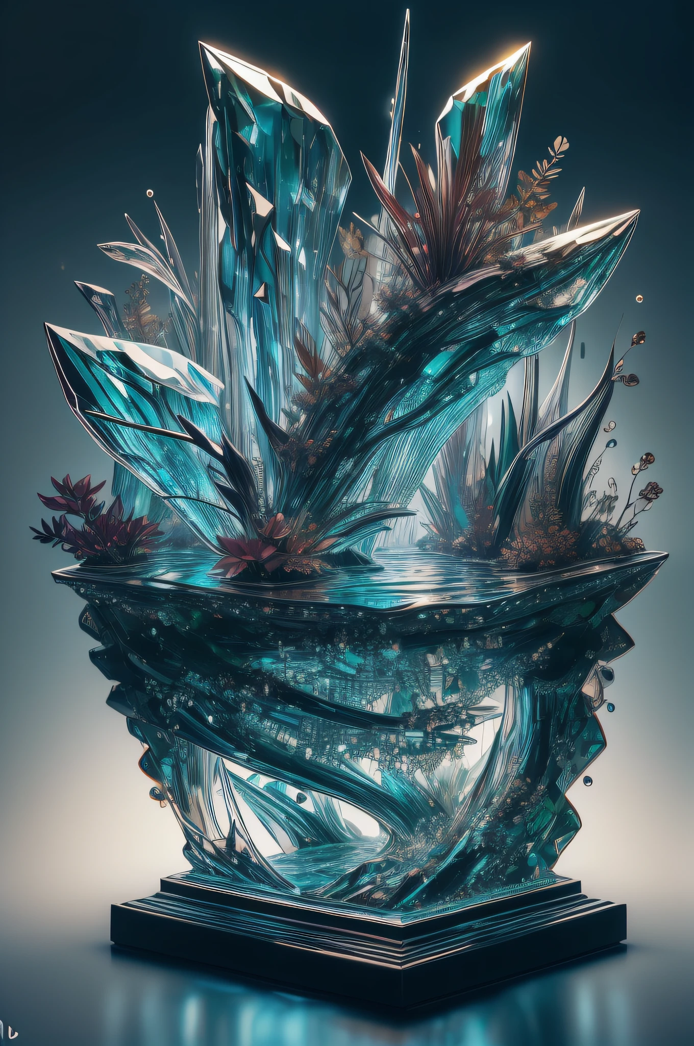 "High quality crystal sculpture with natural aquatic plants inside, Kingyo, water, brilho, fantasia, incredible details, obra-prima, melhor qualidade, RTX, 4k, 8k,".