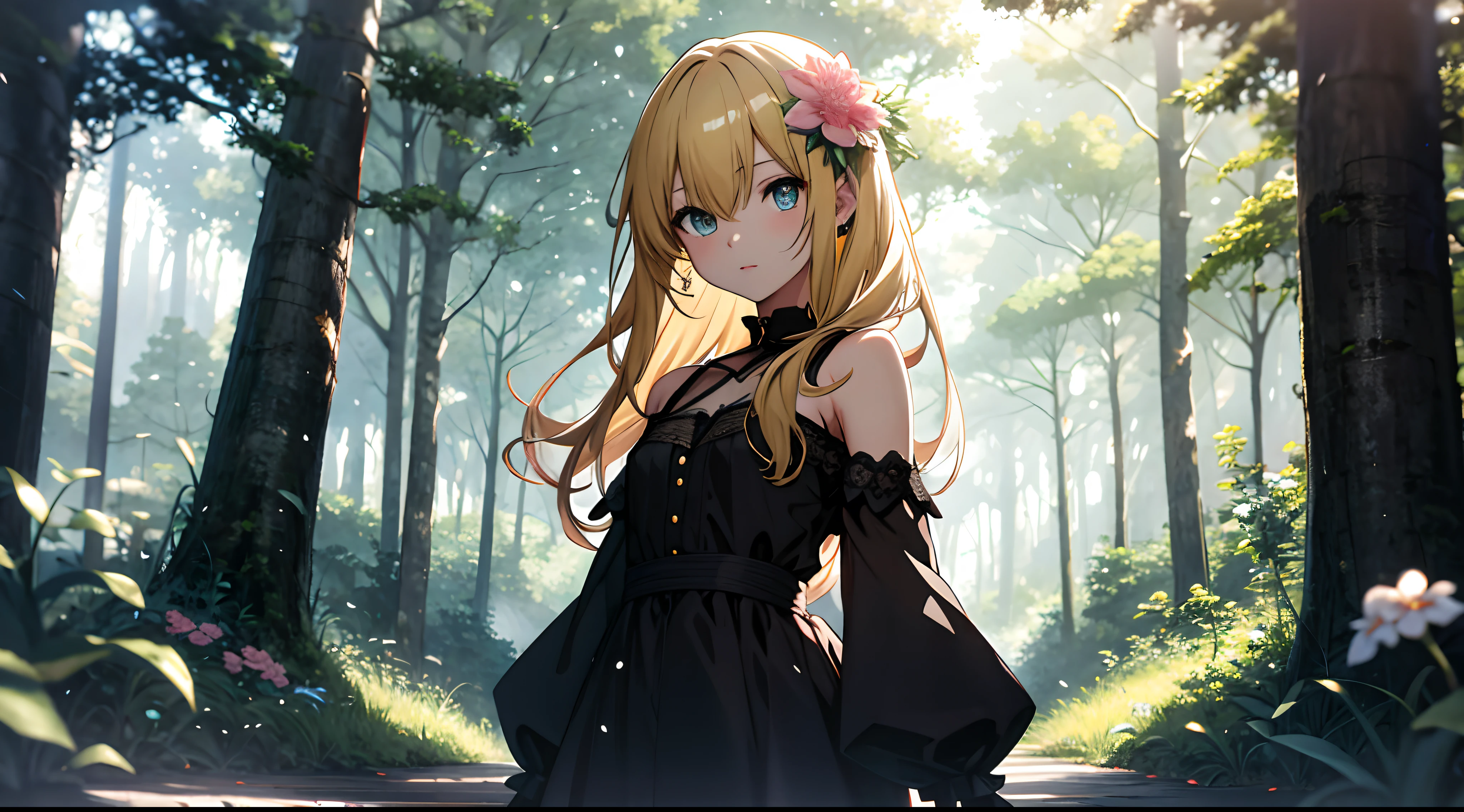 a yellow hair woman in a black dress holding a small flower in a forest, anime lush john 8k woods, anime girl wearing a black dress, anime moe artstyle, high quality anime artstyle, nightcore, anime style 4 k, anime style. 8k, anime wallaper, anime wallpaper 4 k, anime wallpaper 4k, hd anime wallaper, anime best girl, beautiful eyes