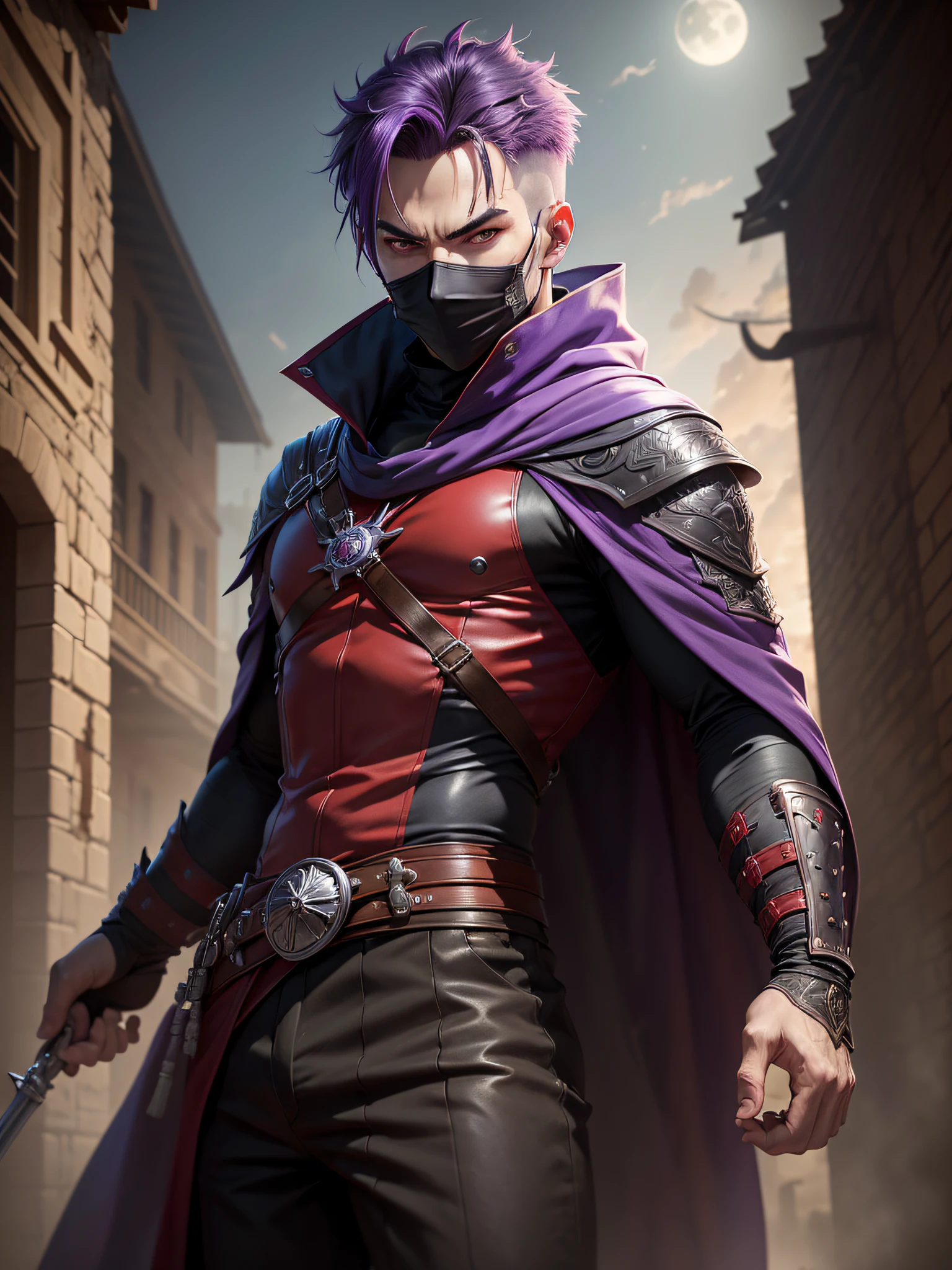 (((masutepiece, Best Quality, ultra-detailed))), (Male talented assassin, solo, fighting in acrobatic action, Unapproachable vibe, Serious, Perfect fingers, Perfect hands, Looking down to Viewer), 35 years old, (Medieval assassin costume, long assassin cloak, mouth covered mask), Medieval secret guild outside as background, moon lighting, From below, Dynamic Angle, Purple hair, Very short hair, Male face, villain's face, Forehead, male eyebrows, Male Eyes, sharp nose, adam's apple, (Sharp eyes), Red pupils glowing, no weapon,
