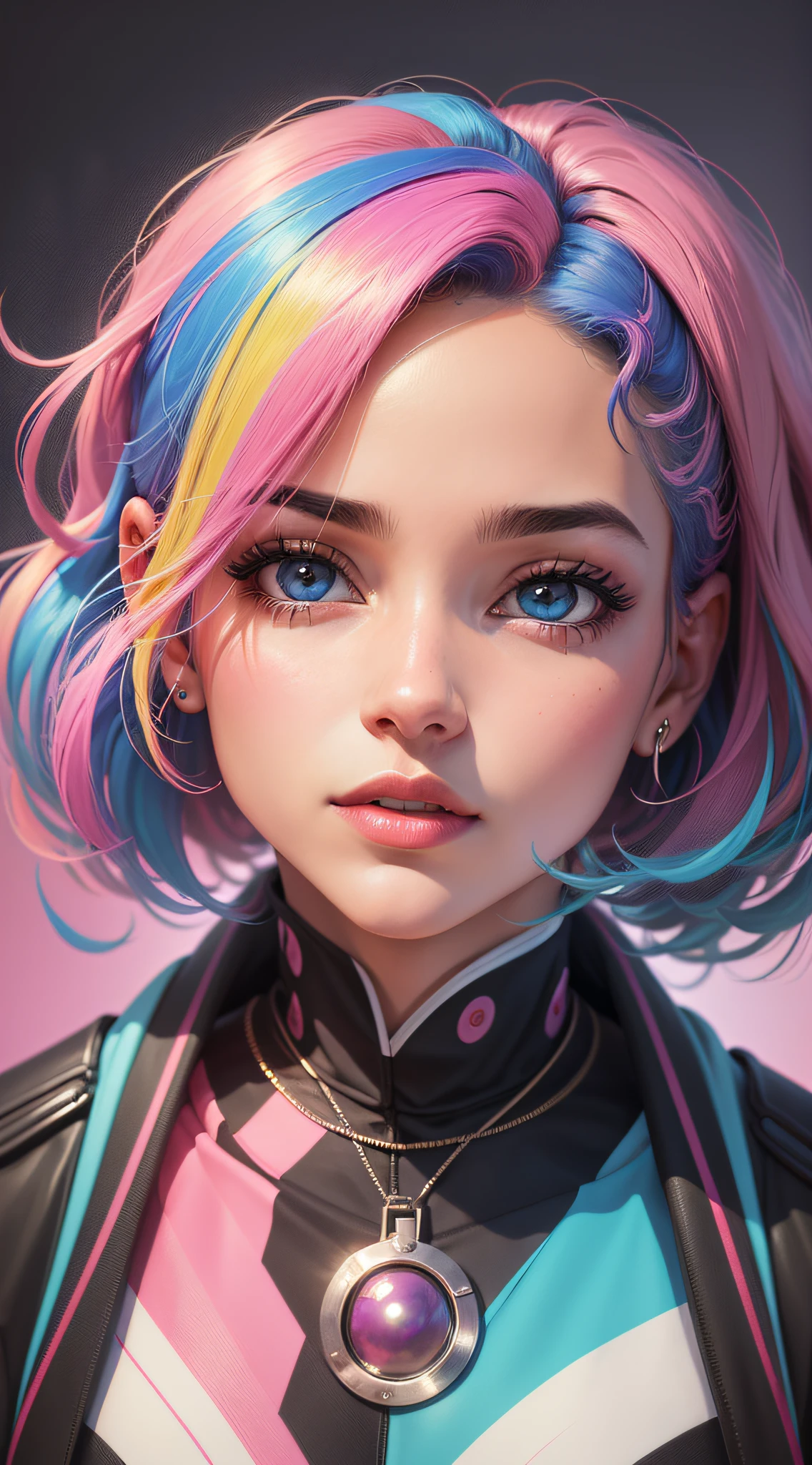 'close up portait linda menina, cabelo pratesdo, olhos azuiss, em traje de luta moderno, hiper realista, cores pastel, cores complementares, cores suaves, cores vibrantes, dramatic colors, vaporwave, retrowave, preto e branco, colorfull, artochrome, altamente detalhado, 4k'