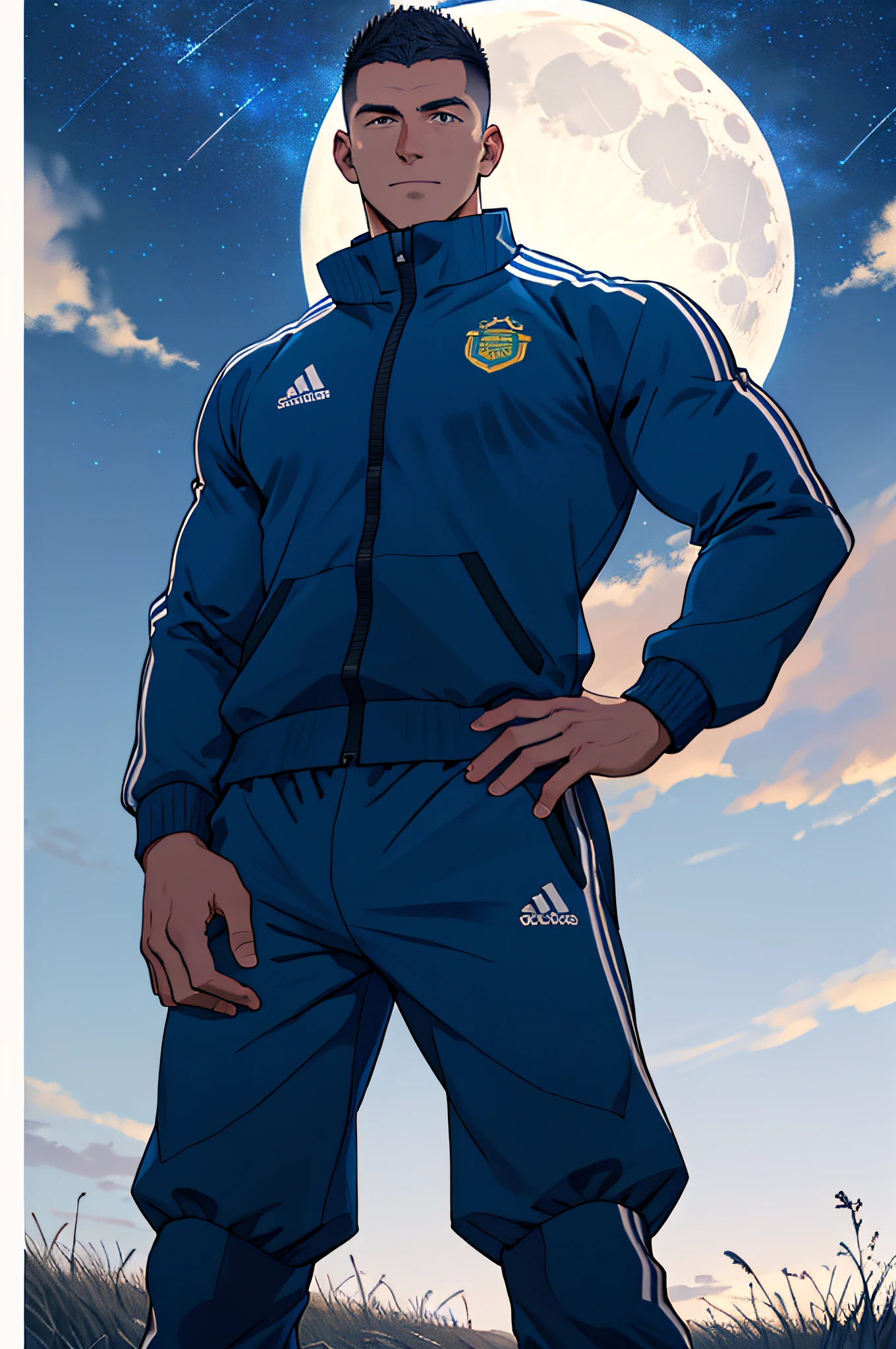 Draw a full-fledged footballer,Standing on the steppe at night,He was wearing a tracksuit,The man looks confident and determined,looking-down,Crew cut,full bodyesbian,Stars dot the sky,shooting from below,Big moon highlights background
