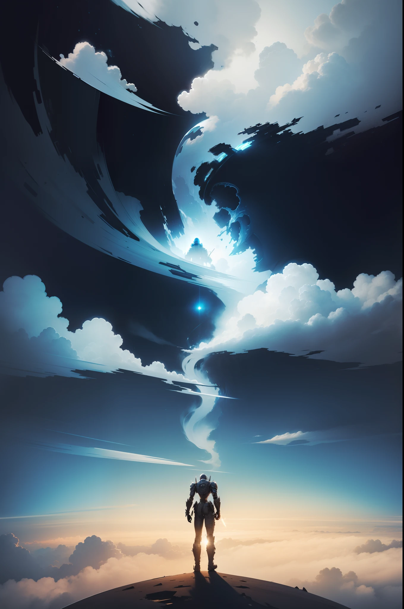 The back of a half-robot man, a tattered helmet in one hand, a weather-beaten puppy in the other