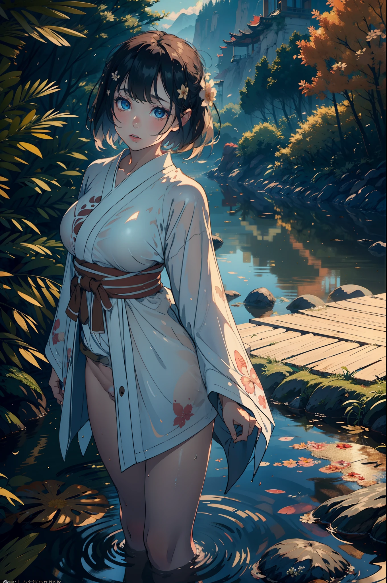 1girl, breasts, moon, lantern, night, solo, large breasts, hair ornament, wet, kimono, japanese clothes, wading, water, hair flower, flower, outdoors, sky, full moon, rain, black hair, off shoulder, mountain, cloud, holding, sash, bare shoulders, paper lantern, standing, white kimono, night sky, sideboob, obi, wet clothes, bangs, tree, from side, reflection, short hair, cloudy sky, wet hair (((masterpiece),(extremely detailed CG unity 8k wallpaper),best quality,,solo,1girl,cinematic lighting,detailed background,beautiful detailed eyes,bright pupils, (an extremely delicate and beautiful),(Beautiful and detailed eye description)， ultra-detailed,masterpiece,)) (NSFW 1.3)