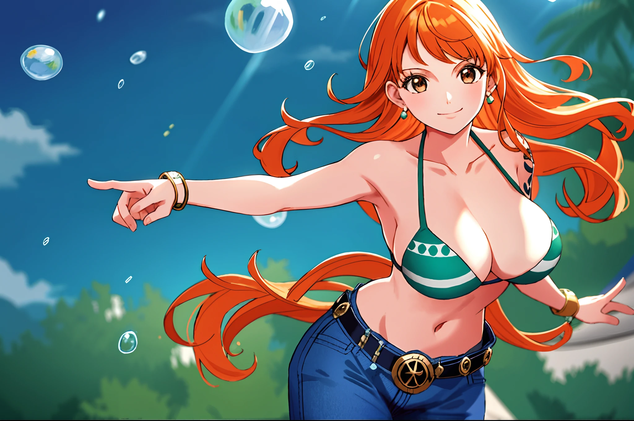 detailed background, masterpiece, best quality, 1 girl, solo), nami \(one piece\), 1girl, bangle, muscular arms, thumb pointing backward, bare shoulders, belt, bikini, bikini top only, blue sky, bracelet, breasts, brown eyes, bubble, cleavage, cloud, cowboy shot, day, denim, earrings, floating hair, green belt, green bikini, groin, jeans, jewelry, large breasts, log pose, long hair, looking at viewer, navel, orange hair, pants, shoulder tattoo, sidelocks, sky, smile, solo, standing, stomach, swimsuit, tattoo , looking at viewer