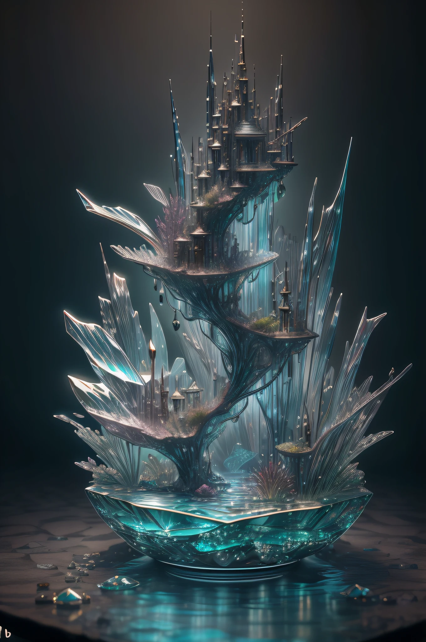 "High quality crystal sculpture with natural aquatic plants inside, Kingyo, water, brilho, fantasia, incredible details, obra-prima, melhor qualidade, RTX, 4k, 8k,".