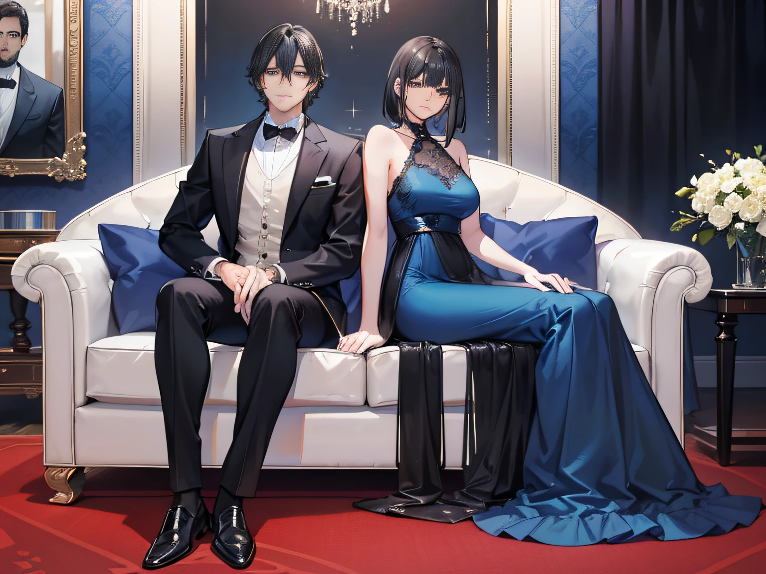 (A handsome man with short black hair wearing casual attire) embracing (An elegant woman with long brown hair wearing a blue dress) and (A woman with shoulder-length black hair wearing a cute dress).

Close-up display.

Full-body display.

Luxurious villa living room configuration.